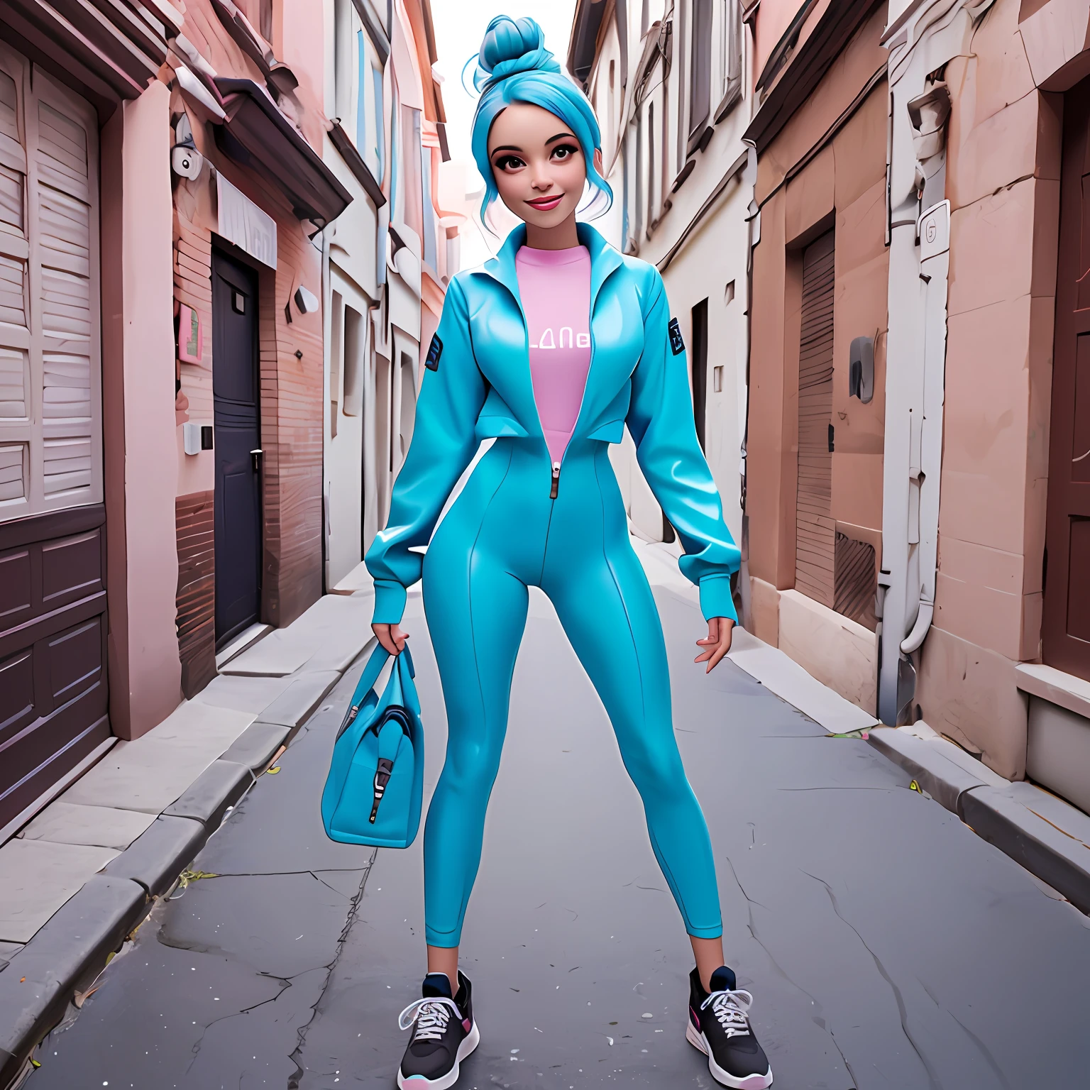 uma mulher, Your hair is stuck in a messy bun, preto e rosa, catsuit, sneaker, corpo inteiro, The background is filled with a pastel shade of light blue, evoking a sense of lightness and happiness.