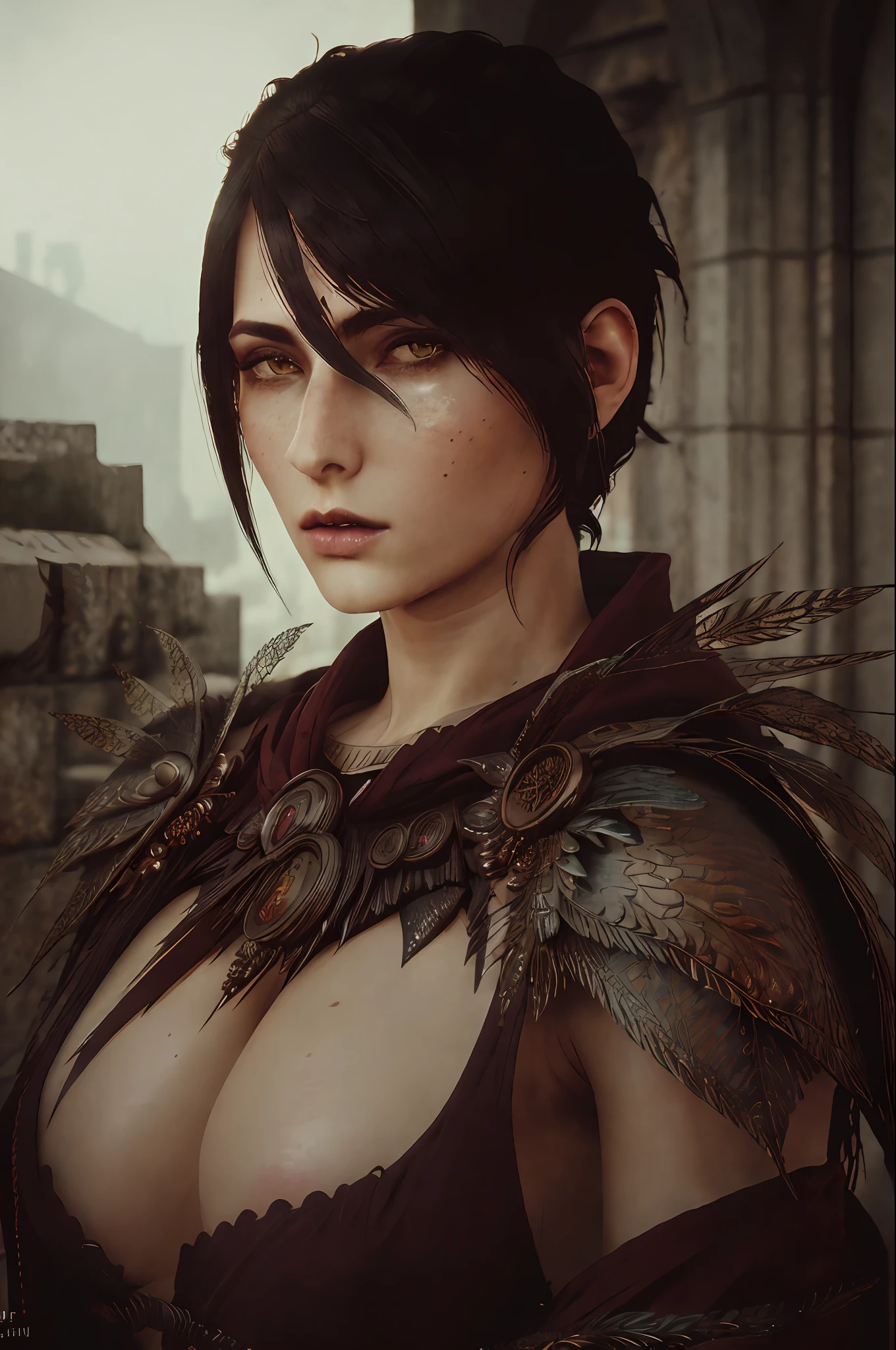 masterpiece, highest quality, RAW, analog style, A stunning portrait of a beautiful woman, morrigan, breast, wearing a mage robe, ((highly detailed skin, skin details)), sharp focus, 8k UHD, DSLR, high quality, film grain, Fujifilm XT3, frowning, intricately details, highly detailed, cluttered and detailed background