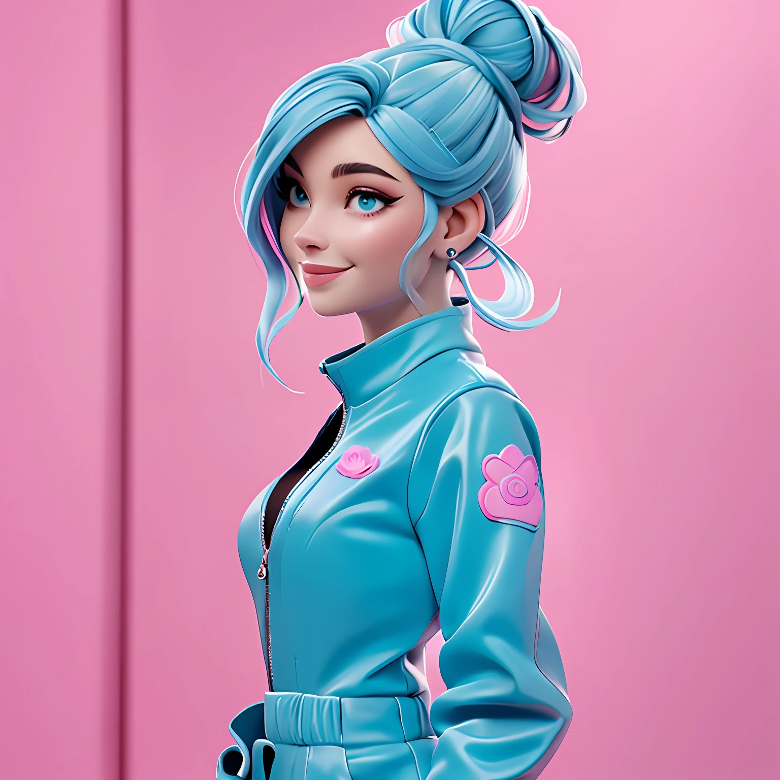 uma mulher, Your hair is stuck in a messy bun, preto e rosa, catsuit, sneaker, corpo inteiro, The background is filled with a pastel shade of light blue, evoking a sense of lightness and happiness.