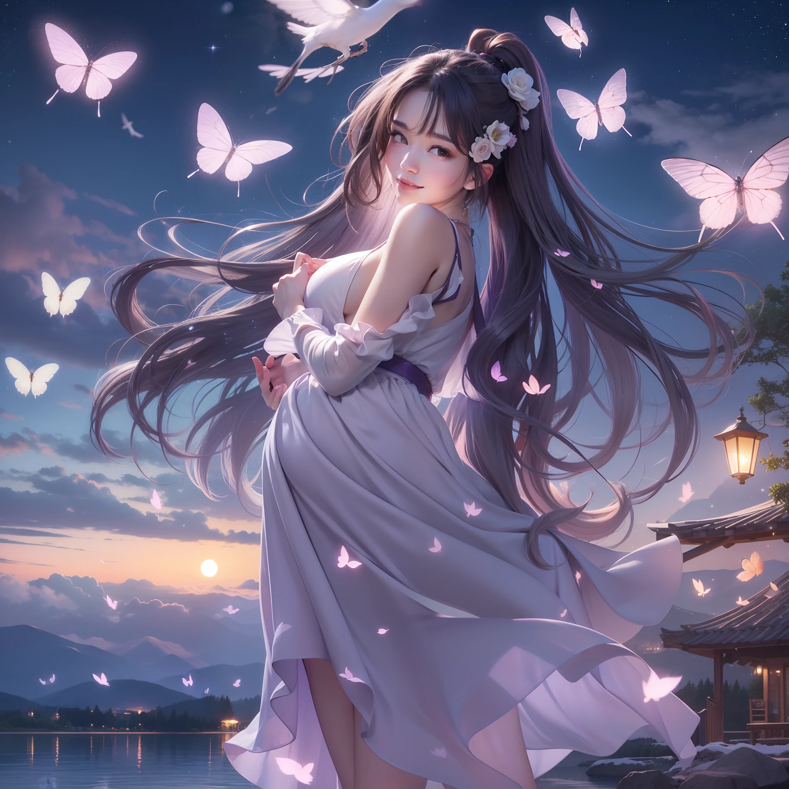 (top-quality)、(masterpiece)、Purple and orange sparkling dress、Realistic 20 year old beauty、Pregnant、Put your hands on your stomach、kindly smile、(Fine and delicate skin)、Admire the snowy mountains and sunset by the lake、Snowy mountains and sunset reflected in the lake、Cherry blossoms are blooming、starrysky、Big Full Moon、shooting stars、murky、Fantastic night view illuminated by moonlight、Glowing fireflies fly、Glowing butterflies fly、White dove flies
