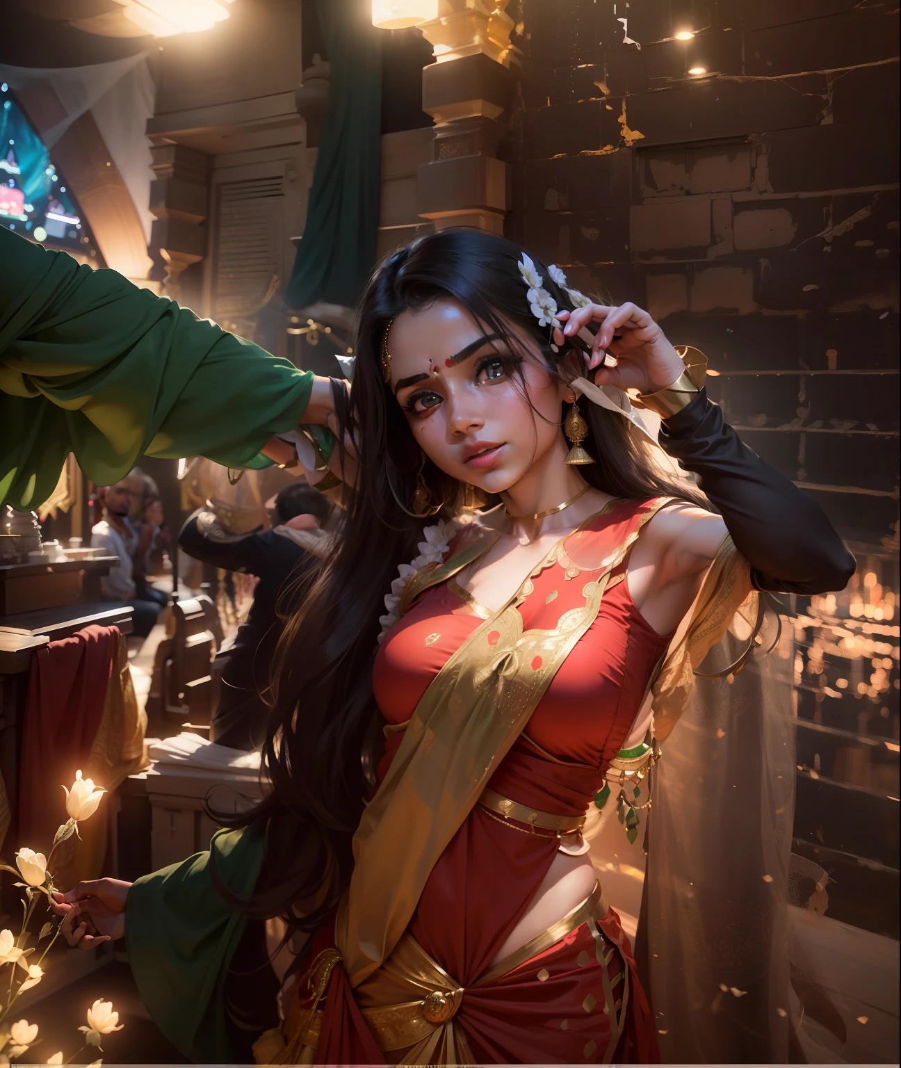 a woman is posing for a photo,(wearing indian_dance_dress:1.3), green dress, 
good hand,4k, high-res, masterpiece, best quality, head:1.3,((Hasselblad photography)), finely detailed skin, sharp focus, (cinematic lighting), collarbone, night, soft lighting, dynamic angle, [:(detailed face:1.2):0.2],(((exhibition inside theater))),