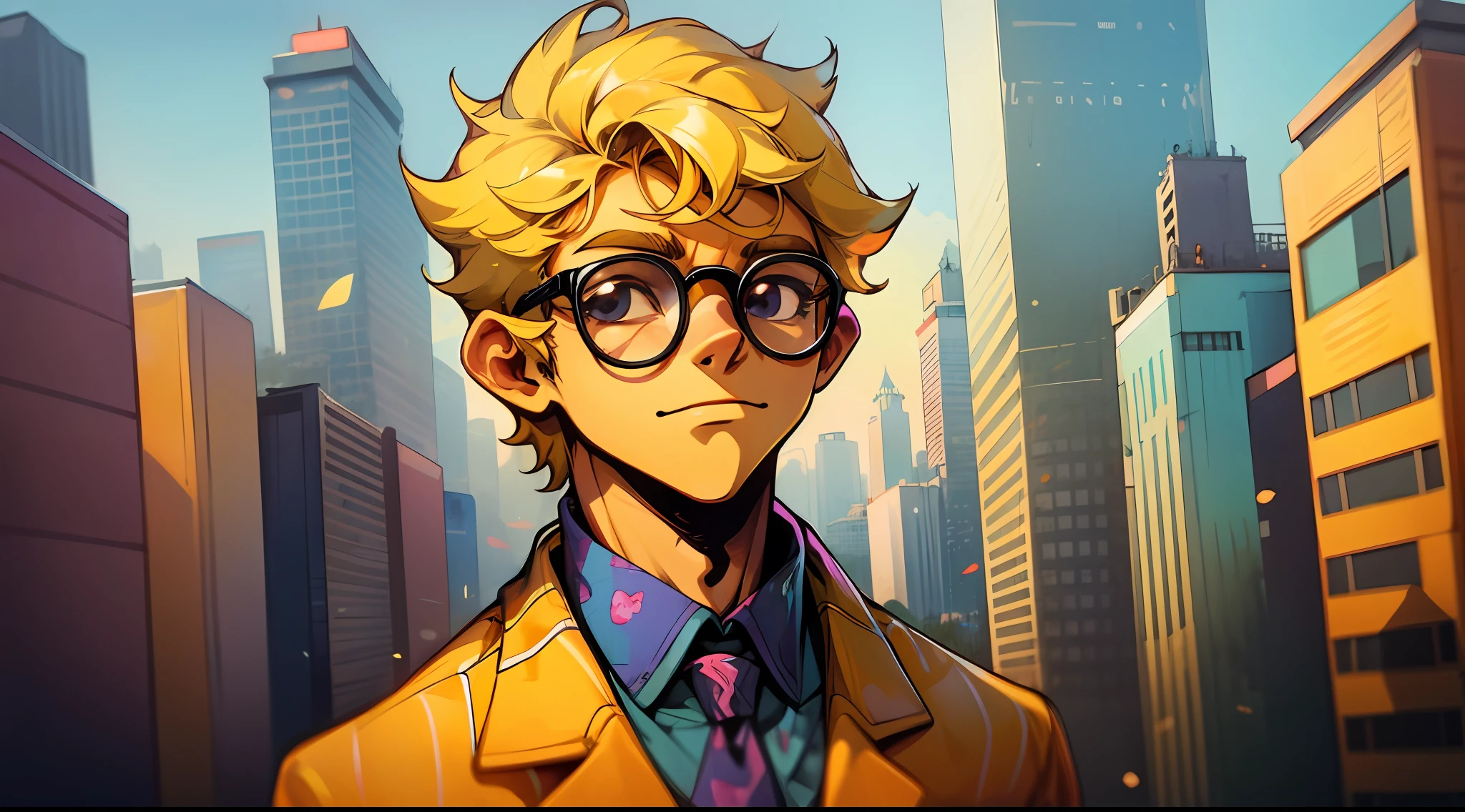 1sticker ,masterpiece, bestquality, High Quality, 1boy, solo, Upper body, Yellow hair Wear glasses, skinny , Yellow suit , city , outdoor , slight smile