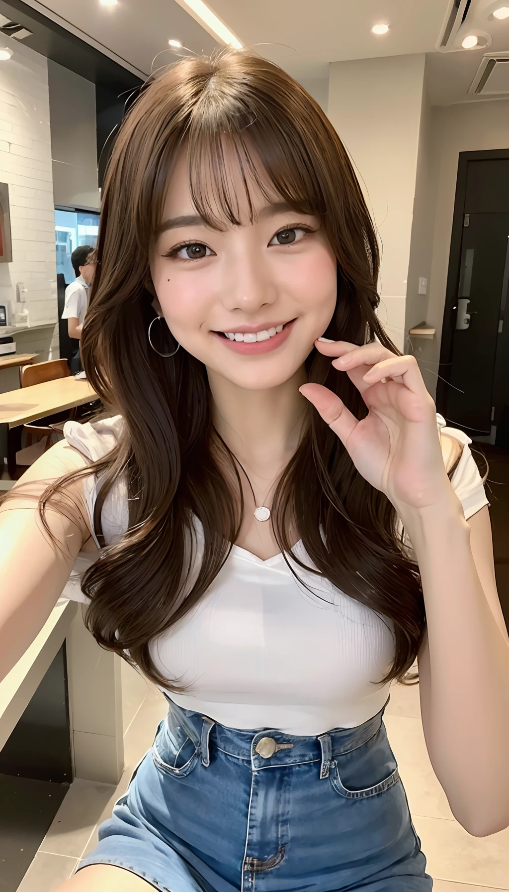 (8K、top-quality、masterpiece、超A high resolution、High Definition Face:1.3)、portlate、(20 years girl:1.3)、bokeh dof、frontage、 Genius genius smile、ultra-detailliert、ultra res、(realisitic、rialistic photo:1.37)、high-definition RAW color photography、Professional Photography、highly detailed and beautiful、ighly detailed、8K Picture Wallpaper、amazing detailed、huge filesize、Official art、Highly detailed CG Unity 8K wallpapers、highly detailed beautiful girl、extra detailed face、extremely detailed eye、highlydetailed skin、extremely detailed fingers、highly detailed nose、very detailed detailed mouth、Perfect Anatomy、Highly detailed clothing、女の子 1 人、(18:1.2)、Teen、Cute little girl s、famous Japan idol、cute little、Realistic body、小柄、de pele branca、glistning skin、Slim body、Handsome body、brown haired、(Blunt bangs:1.2)、Classic wavy long hair、 (nffsw:1.3),A smile、kawaii、zora々Right、kawaii faces、Lifelike face、Delicat eyes、Sauce order、T-shirt、skirt by the、Looking at the camera、cowboy shot、Inside the café、front facing、Contrapo、public