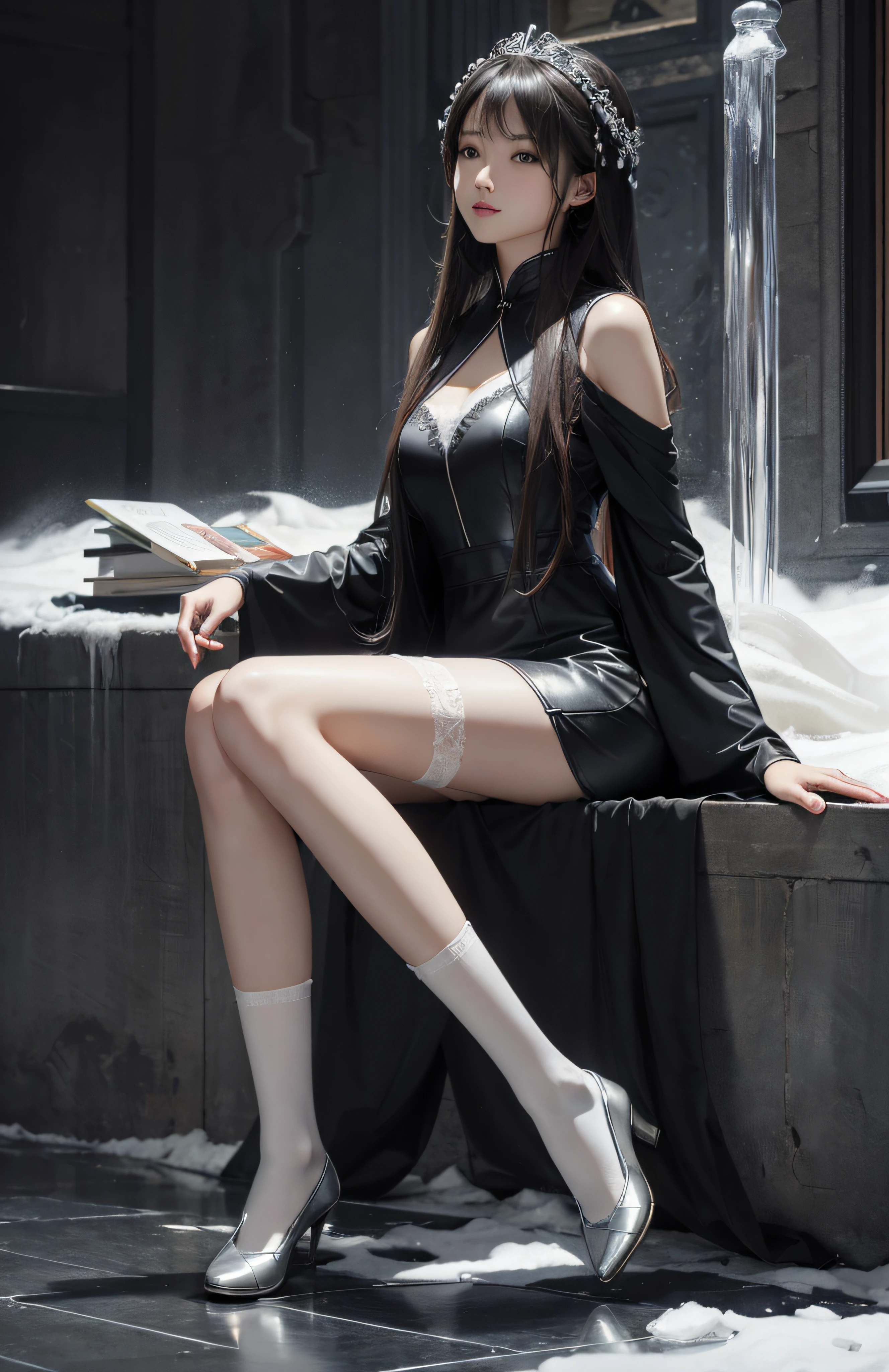 (Hyper-realistic) , (illustratio), (Increase the resolution), (8K), (extremely detaile), (Most Best Illustration), (美丽细致的眼睛), (best qualtiy), (ultra - detailed), (tmasterpiece), ( the wallpaper), (详细的脸), 独奏,1个Giant Breast Girl, looking at viewert, exquisite detailing, 详细的脸, in the darkness nigth, deep shading, low tune,pureerosfaceace_V1, ssmile,long whitr hair，Black shawl straight hair，46 points oblique bangs、Fair and flawless long legs、High quality small leather shoes、White ice tube stockings（ultra - detailed）