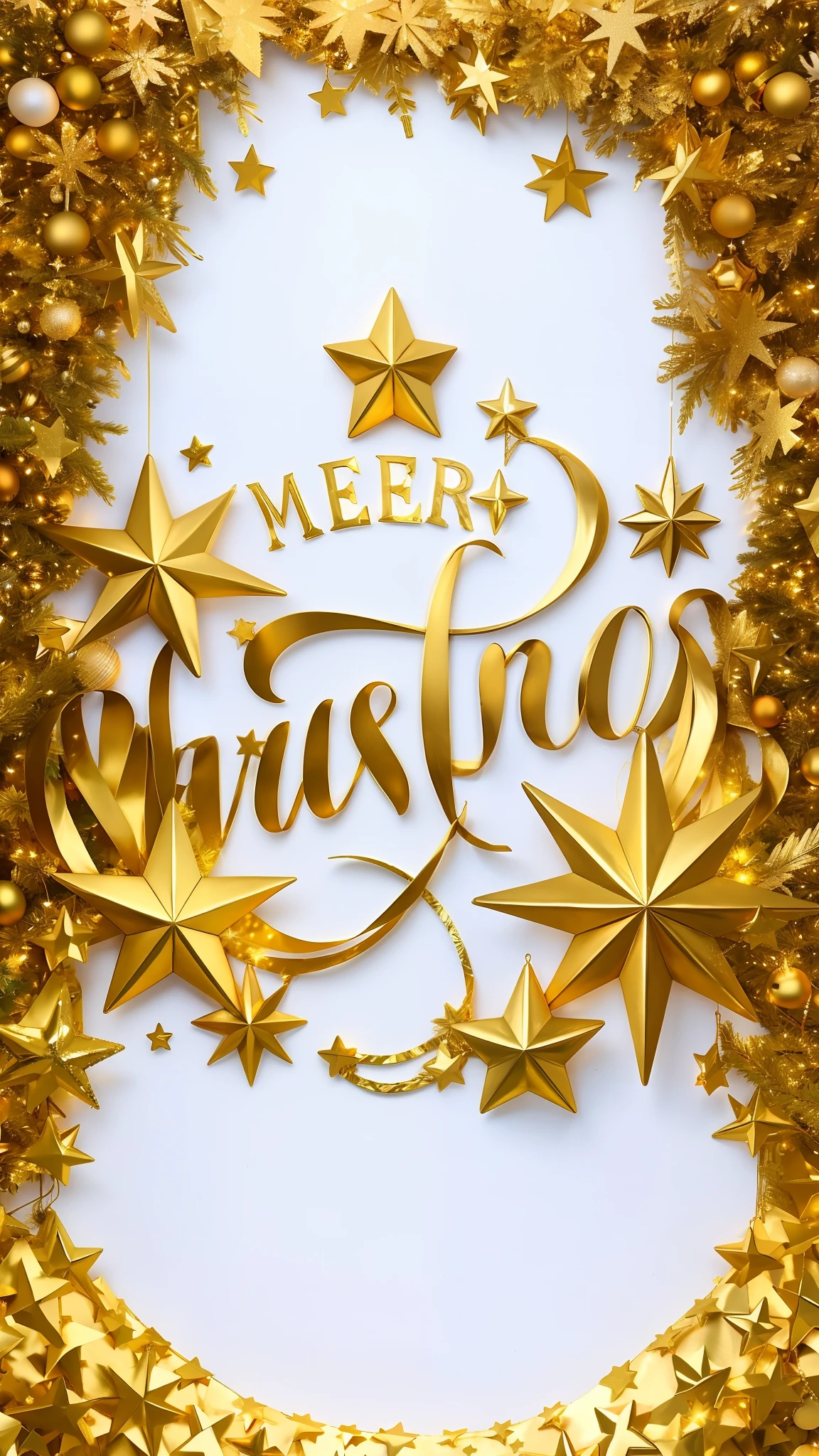 white backgrounid,Merry Christmas star garland with Venus,golden colored,metalictexture,realisticlying,3DMM,Resplendent,Golden splendor,gold,Goldy