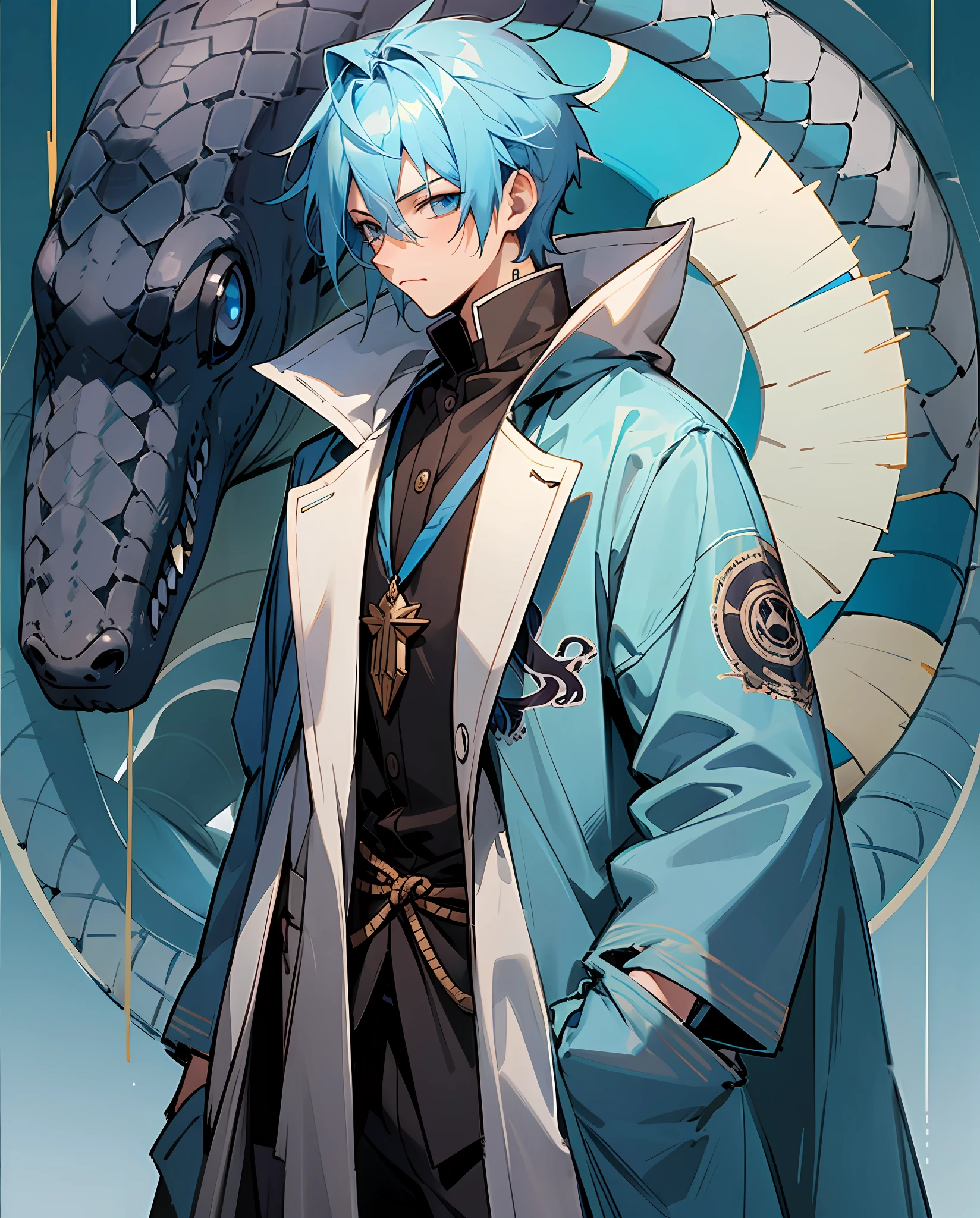 Gangsta anime boy, light blue colors, blue hair, snake tattoo, long clothes, dark brown clothes --auto --s2