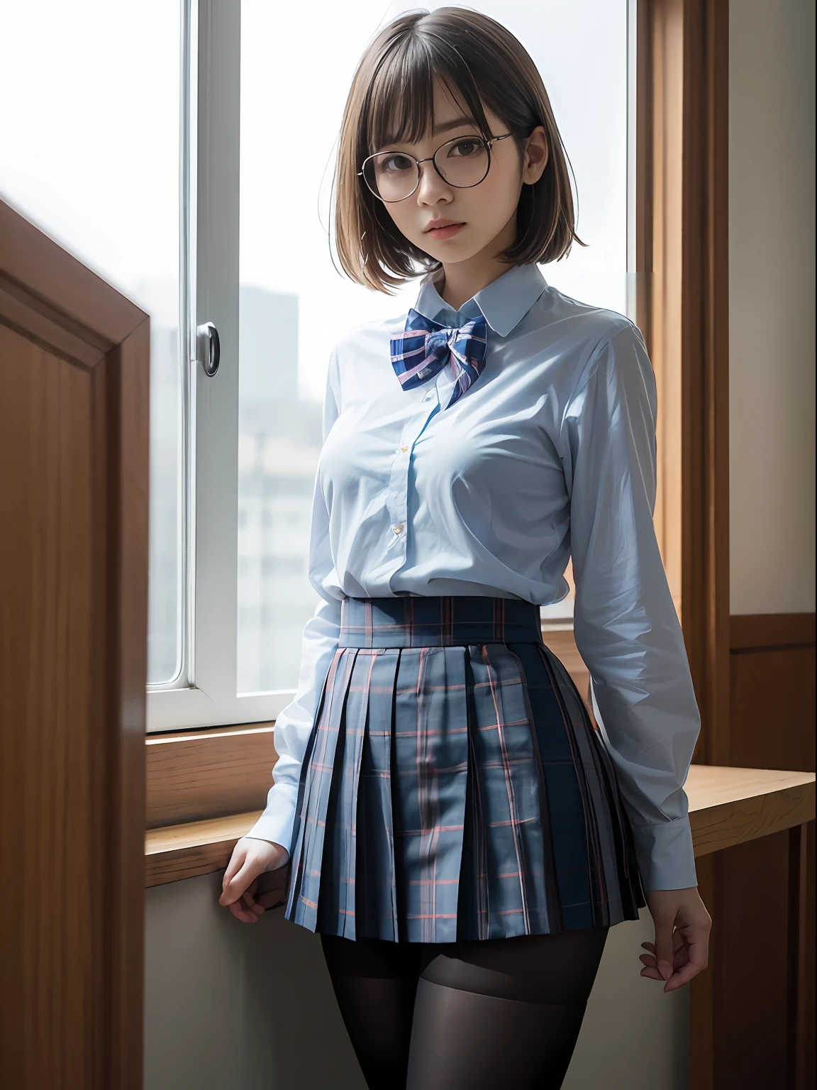 (8K、Raw photography、top-quality、masterpiece:1.2),Light Blue Bra,de pele branca,kne,(Black pantyhose),absurderes,a small face,small tits,flat breast,Parting the bangs from the middle、Forehead visible,(a cold expression,Tight eyes,glares,Bullish,skinny,Rasping,irate)、masterpiece,top-quality、超A high resolution,Raw photo,ren,Beautiful fece,One Person, 独奏,eye glass,,Dark look,Small breasts,fullllbody,Round glasses、cute little、JK school uniform,hi-school girl,A Japanese Lady,is standing,(Photorealsitic:1.37)、Photon mapping,Light blue ribbon,Realistic、Cute little face,Brown-eyed、Black socks、(Red bow tie)、Radio City、Physically Based Rendering、Foreground、depth of fields、Blurry background、a picture,The girls、Body,beauty legs, Long legs, Thin leg,Long bob cut,(Bangs are visible), hair, s lips, Blue_The eye, nosesoft,(Light blue shirt), (Navy and blue and white plaid pleated skirt), Knees are visible,Sheer clothing,, Thigh, Black cotton socks,Nogizaka Idol, 女優, Japanese ido