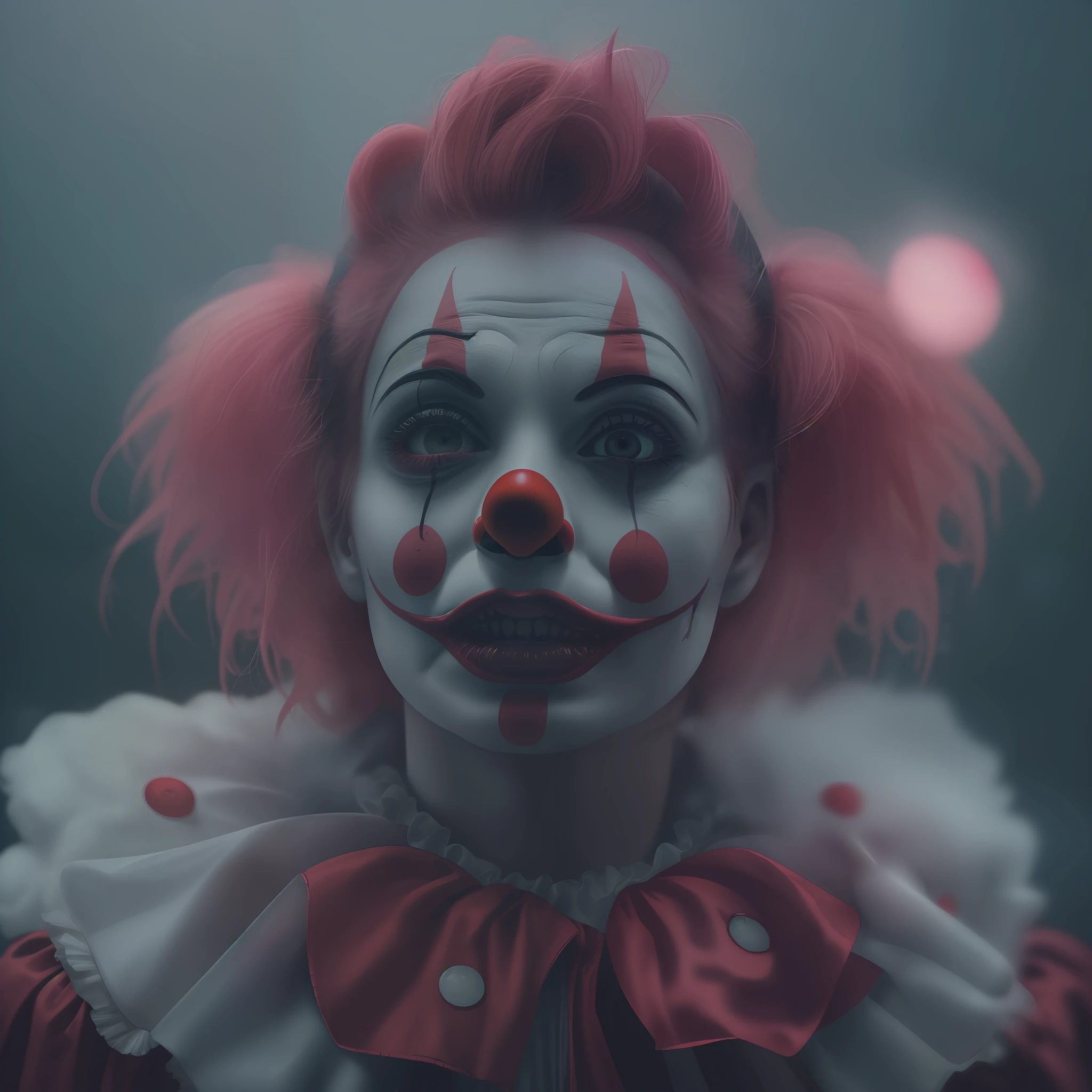 ((creepy female clown)), cinematic lighting, very high detailed, foggy background, shot on Fujifilm Superia 400, Short Light, 32k, cinematic composition, professional color grading, film grain, atmosphere, wondrous, very stormy
