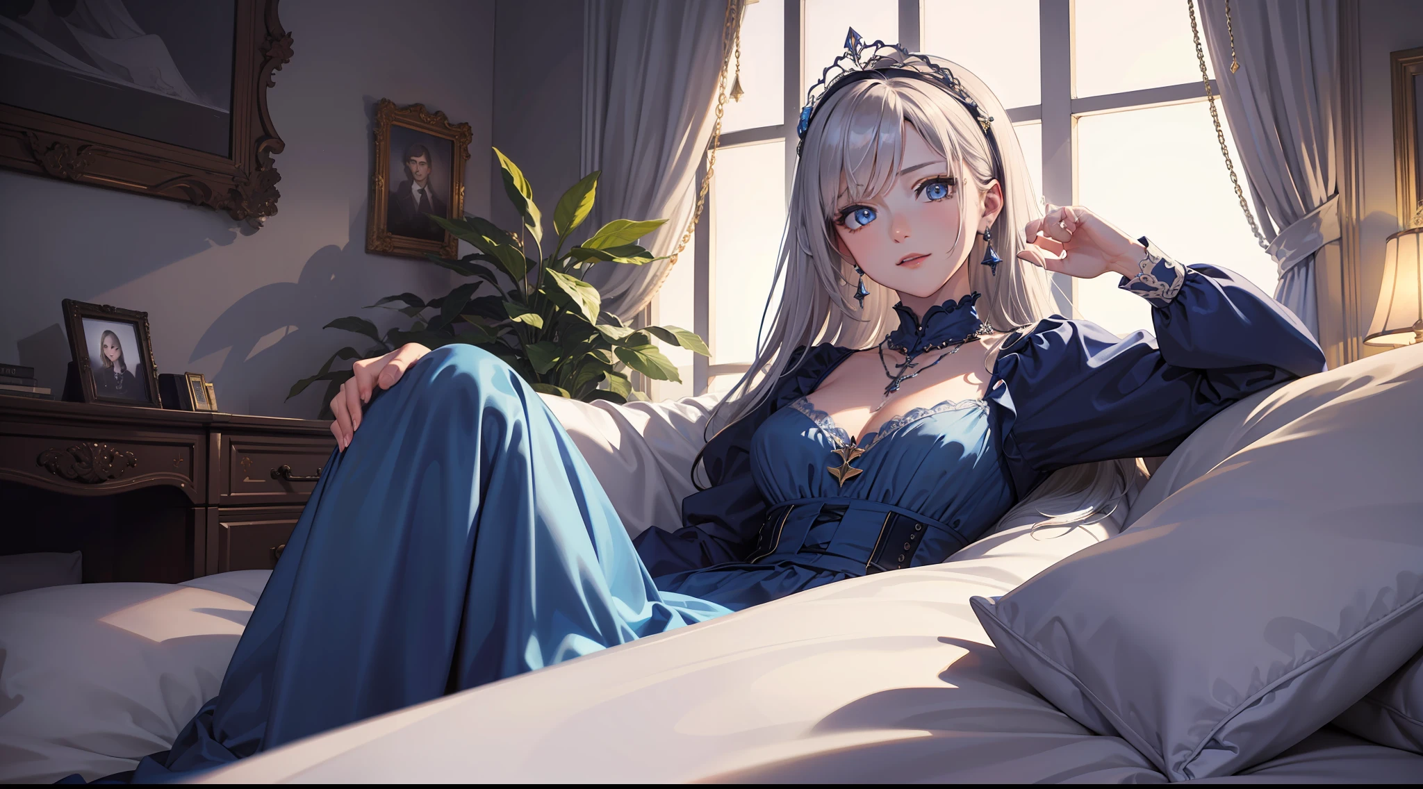 ((Masterpiece, Best Quality)), St. Louis \(Luxury Wheels) \(Azure Lane), High resolution, highest quality, illustration, cinematic light, super detailed, detailed face, (detailed eyes), best quality, ultra detailed, masterpiece, (detailed face), room, hair accessory, earrings, necklace, portrait, silver dress, revealing clothes, highest detail, glowing eyes, (hotel:1.2), sitting on bed, sitting, bed, window, night sky, backlight, light, (high contrast), (color),