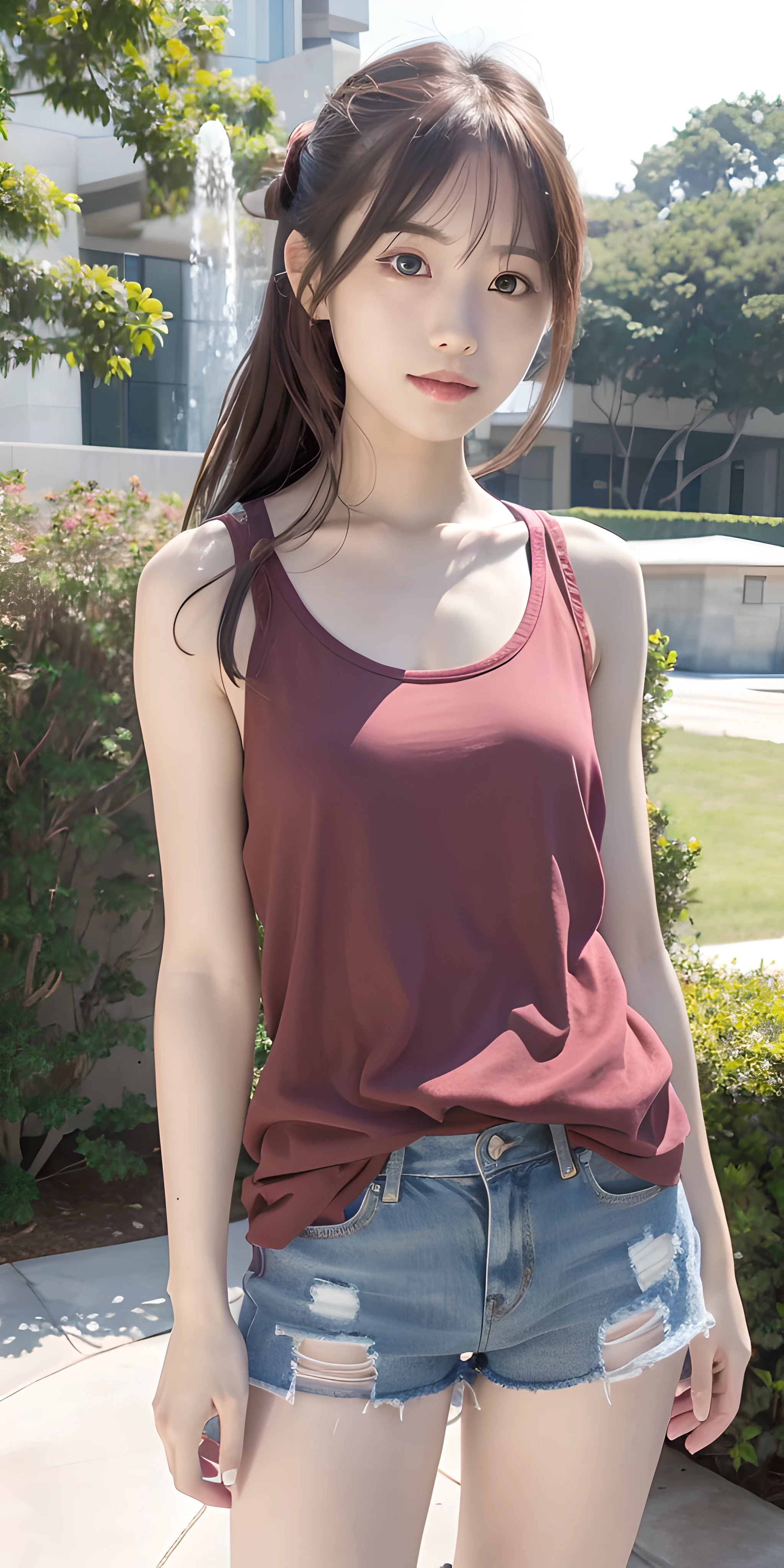 Solo, long_hair, Nanase Nishino, Haruka Kaki, Summer, Fountain, Tank Top, Shorts, (8K, RAW Photography, Best Quality, Masterpiece:1.2), (Realistic, Photorealistic:1.37), Professional Lighting, Photon Mapping, Radiosity, Physically Based Rendering