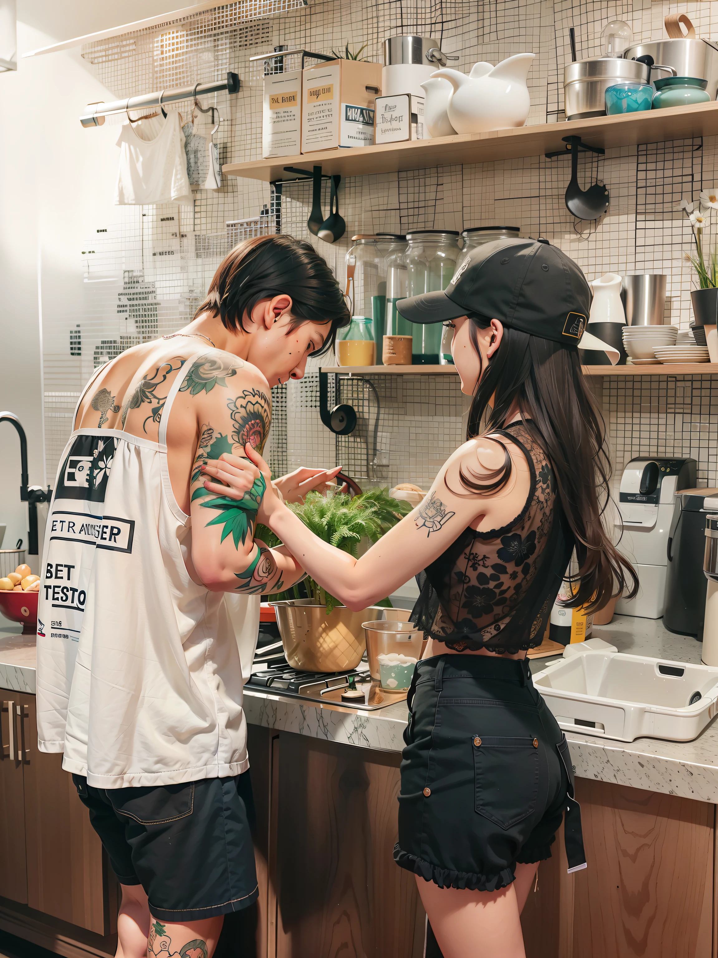 There was a man and a woman standing in the kitchen preparing food, tattoo artist, author：Master of Han Chinese, of taiwanese girl with tattoos, Service principal, 😭 🤮 💕 🎀, At the counter, KDA和Sam Yang。, wholesome, author：Robbie Trevino, 🤬 🤮 💕 🎀, 😭🤮 💔, over the shoulder, author：Emma Andievska