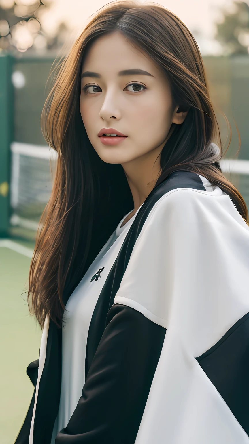 ((top-quality、8K、​masterpiece:1.3))、beautiful  Girl、pure、Melon face、gentle and cute、Thin figure、(frontage)、(tilt your head)、Look directly at the camera、(Tennis Wear)、Black silky long straight hair、long hair flowing over the shoulders、round black big eyes、(((tennis coat)))、(((Tennis Wear)))、portlate