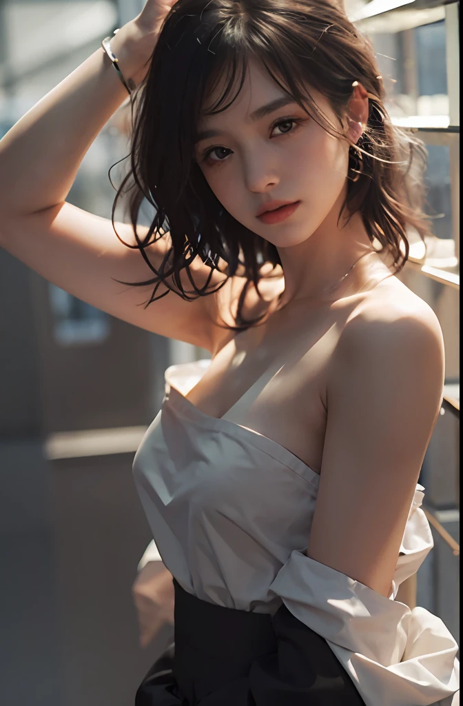 Best Quality, Masterpiece, Ultra High Resolution, (Realism: 1.4), Original Photo, 1Girl, Bare Shoulder, Bare Chest in the Dark, Deep Shadow, Understated, Cold Light