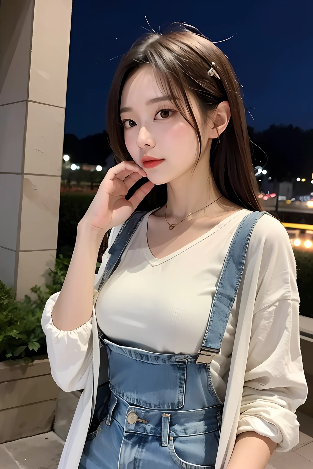 （Highly detailed body，Highly detailed face，Best quality at best：1.2） ，A woman who is，looki at viewer，White suspenders，（Night city park in the background：1.4），( (8K:1.27), Best quality at best, tmasterpiece, 超高分辨率:1.2) Photo of beautiful asian woman，（mediuml breasts：1.0）， （middle areolae：0.8）， （realisticlying：1.4）， （Best picture quality：1.0）， （超高分辨率：1.0），（No hands：1.3）, food, Jacket