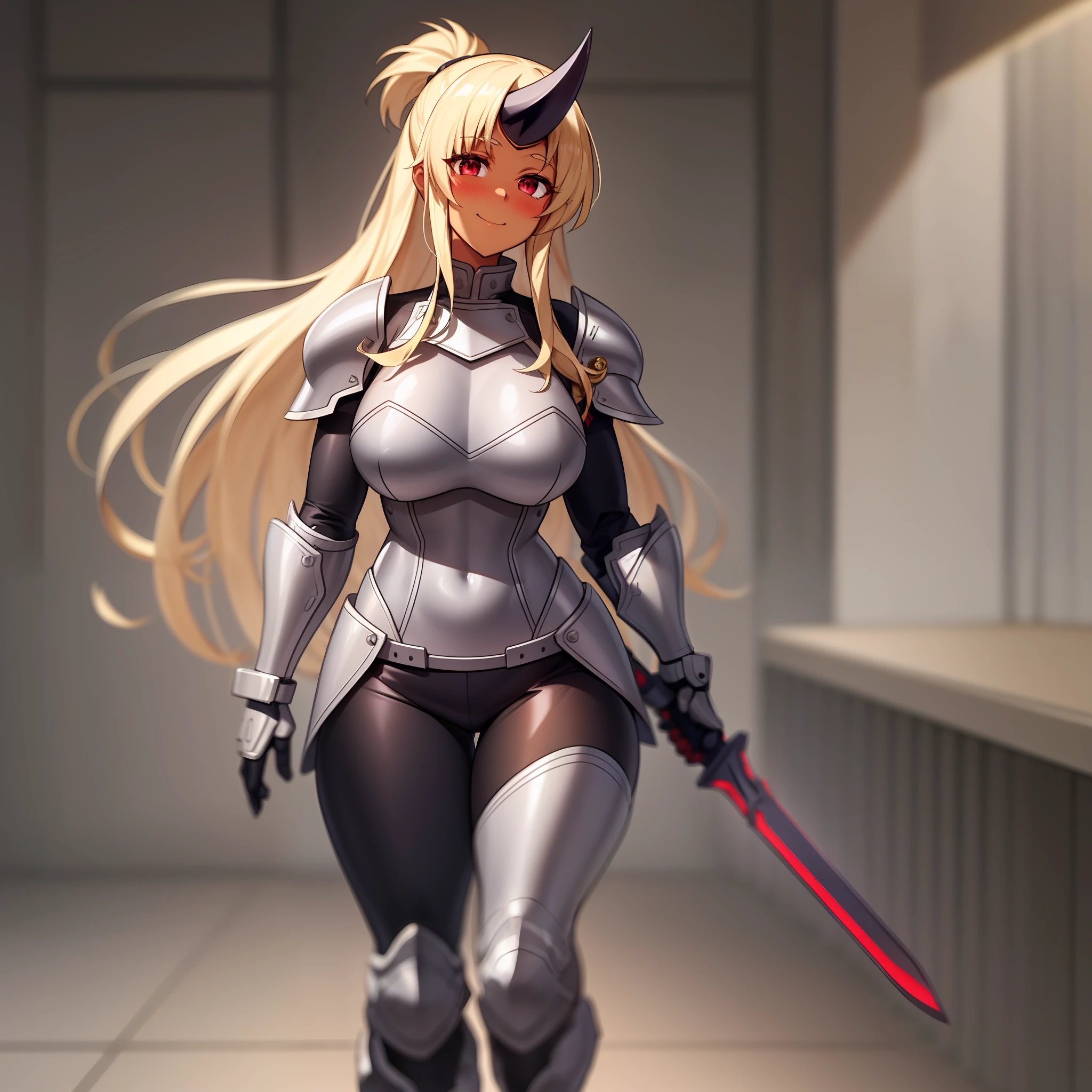 Sharp focus, 1girl, single horn, solo,blonde hair, very long hair, soles,( dark-skinned female:1.1), blush, smile, full body, large breasts, (red eyes:1.1),best quality, 4k, ((masterpiece)), extremely detailed, 8k, trending on ArtStation, walking, female knight, fantasy, full body armor, space marines armor, pants, holding sword