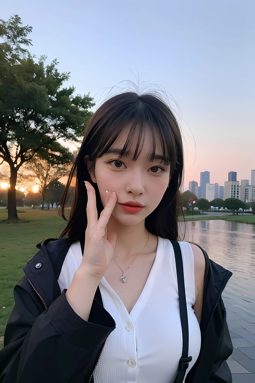 （Highly detailed body，Highly detailed face，Best quality at best：1.2） ，A woman who is，looki at viewer，White suspenders，（Night city park in the background：1.4），( (8K:1.27), Best quality at best, tmasterpiece, 超高分辨率:1.2) Photo of beautiful asian woman，（mediuml breasts：1.0）， （middle areolae：0.8）， （realisticlying：1.4）， （Best picture quality：1.0）， （超高分辨率：1.0），（No hands：1.3）, food, Jacket