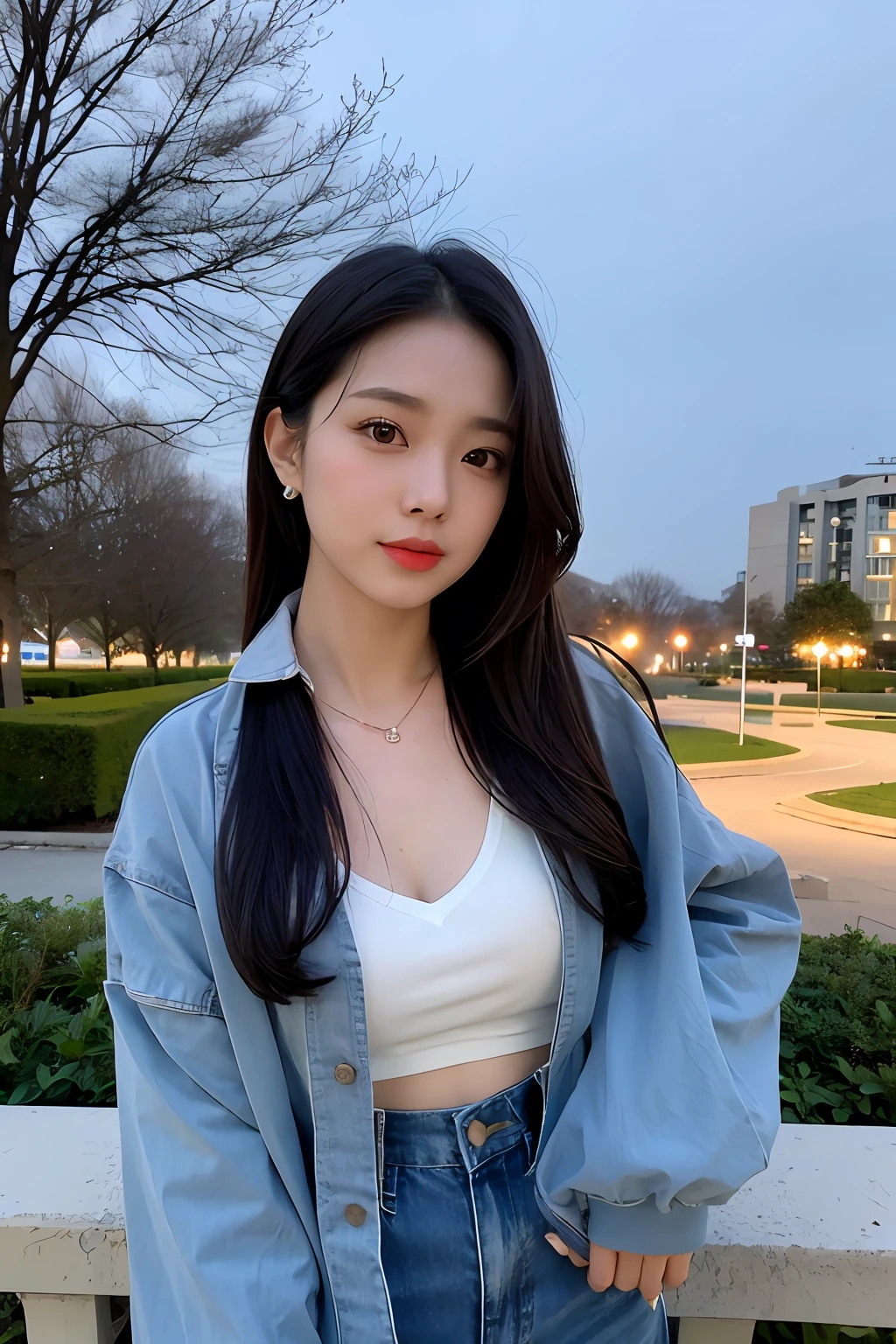 （Highly detailed body，Highly detailed face，Best quality at best：1.2） ，A woman who is，looki at viewer，White suspenders，（Night city park in the background：1.4），( (8K:1.27), Best quality at best, tmasterpiece, 超高分辨率:1.2) Photo of beautiful asian woman，（mediuml breasts：1.0）， （middle areolae：0.8）， （realisticlying：1.4）， （Best picture quality：1.0）， （超高分辨率：1.0），（No hands：1.3）, food, Jacket