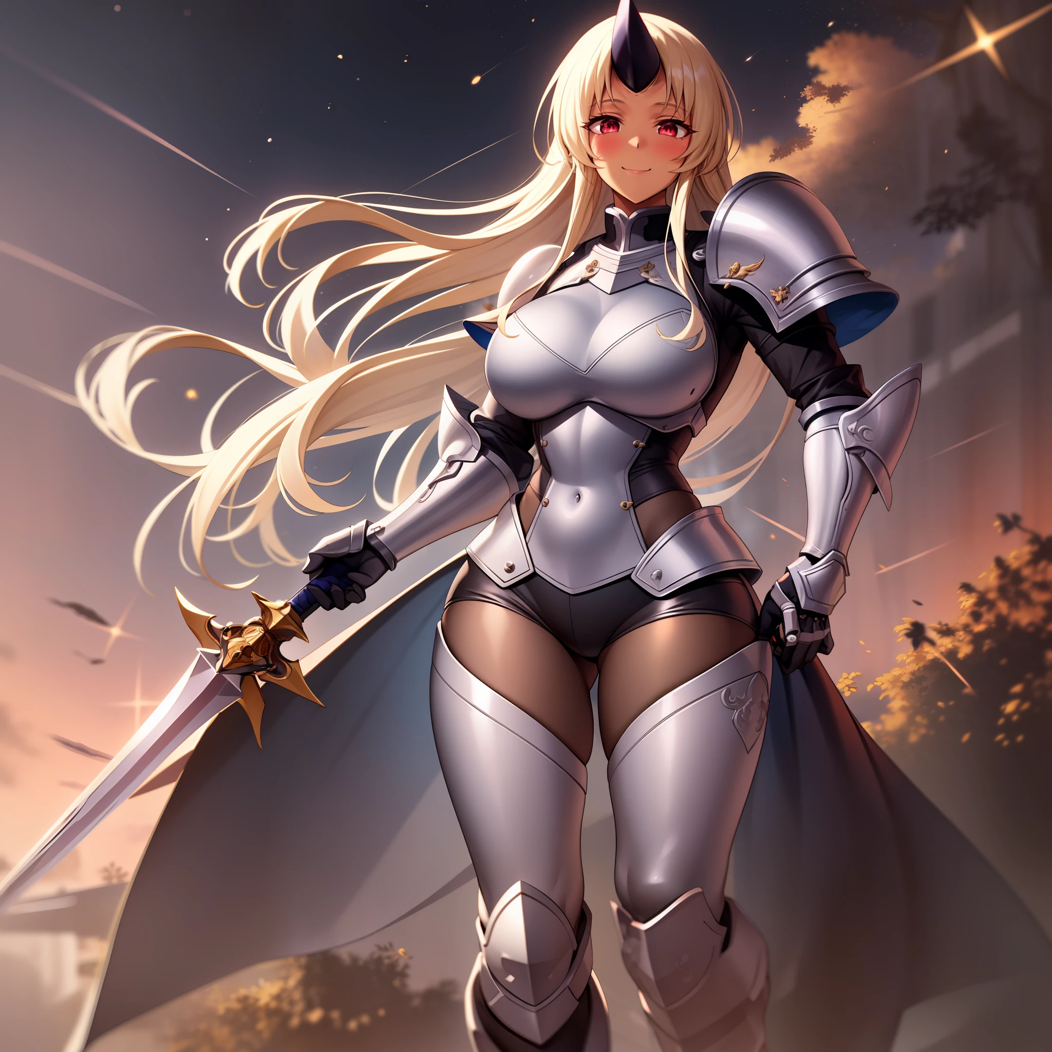 Sharp focus, 1girl, single horn, solo,blonde hair, very long hair, soles,( dark-skinned female:1.1), blush, smile, full body, large breasts, (red eyes:1.1),best quality, 4k, ((masterpiece)), extremely detailed, 8k, trending on ArtStation, walking, female knight, fantasy, full body armor, space marines armor, pants, holding sword