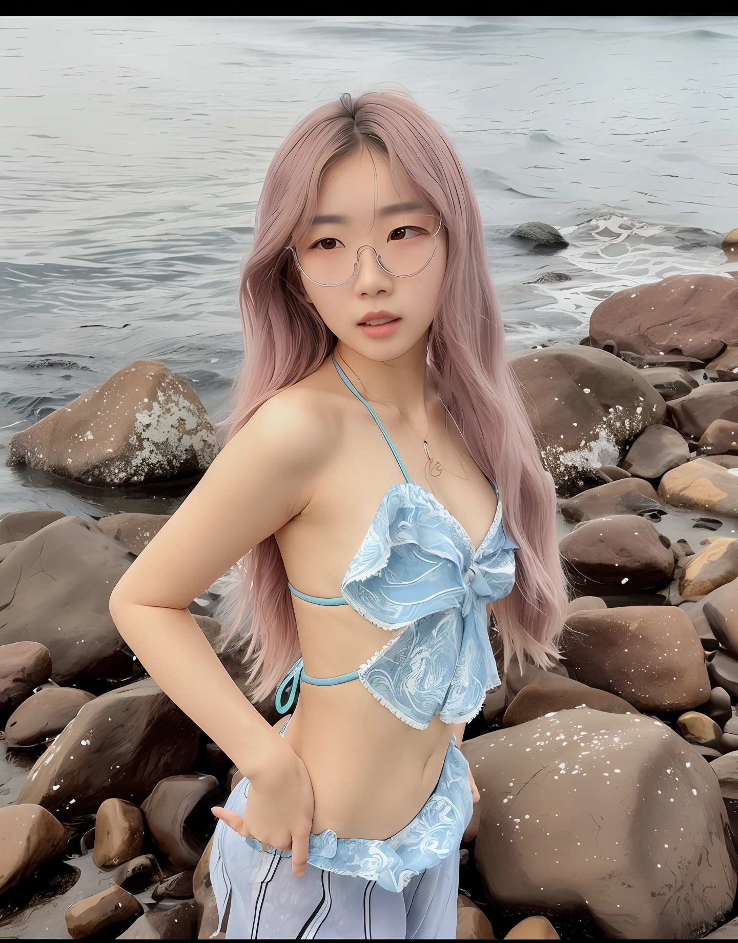 there is a woman that is standing on a rocky beach, belle delphine, wearing two - piece swimsuit, heonhwa choe, ulzzang, roseanne park of blackpink, taejune kim, korean girl, is wearing a swimsuit, jaeyeon nam, lalisa manobal, lalisa manoban of blackpink, wenfei ye, xintong chen ,bikini