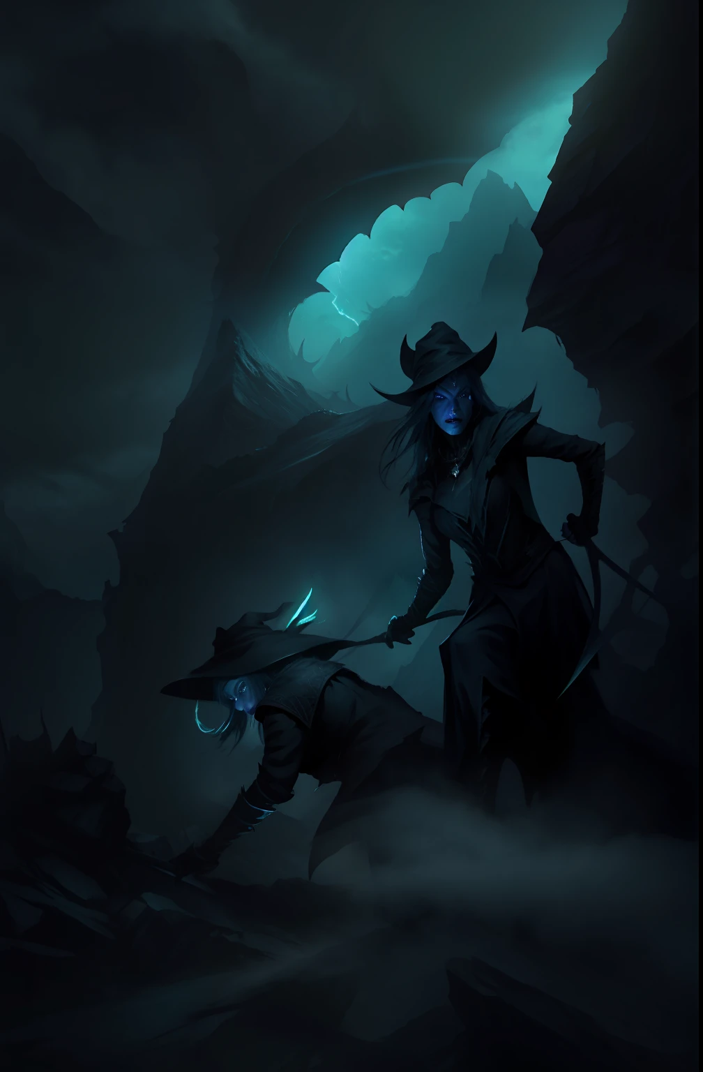 The blue-skinned witch leads ferocious monsters，The witch's eyes glow green，Pointy fangs are exposed，Fierce expression，Wear a pointed hat，I Horror，Enter the steep alpine cliffs，mountain peaks，Steep，fog atmosphere，Dark blue light，The character is visible in the light，The background is dark and eerie，dead tree，There are floating clouds，