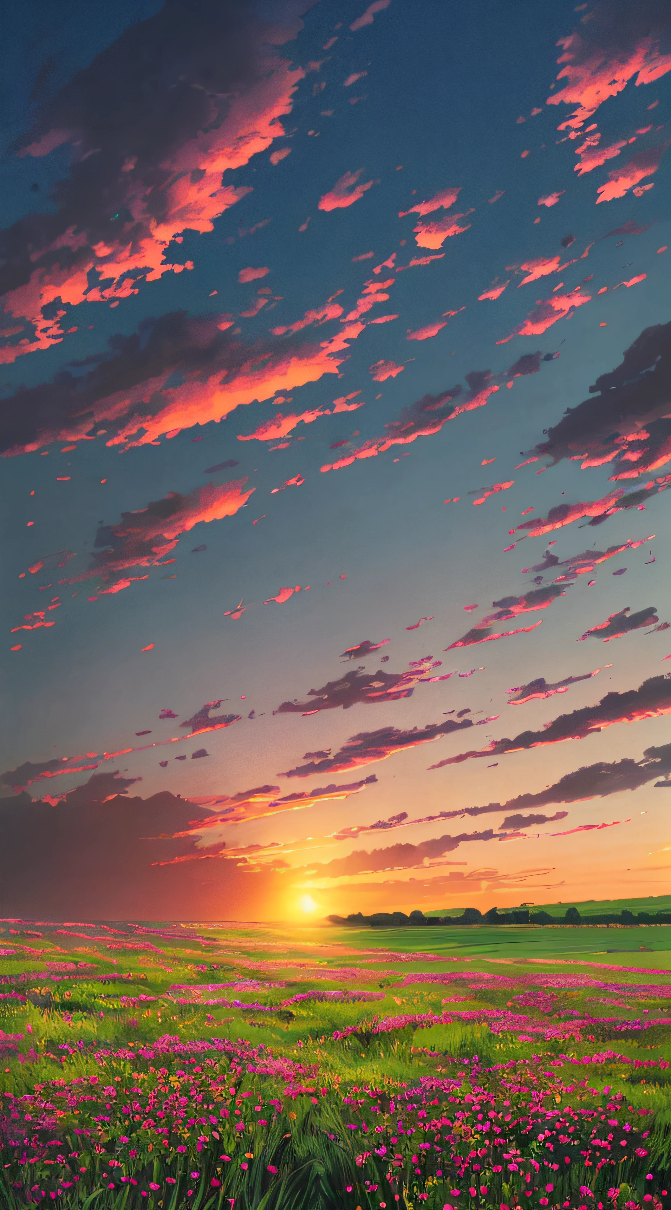 Dusk sunset, meadow, golden red, flying blades of grass, beautiful glare,