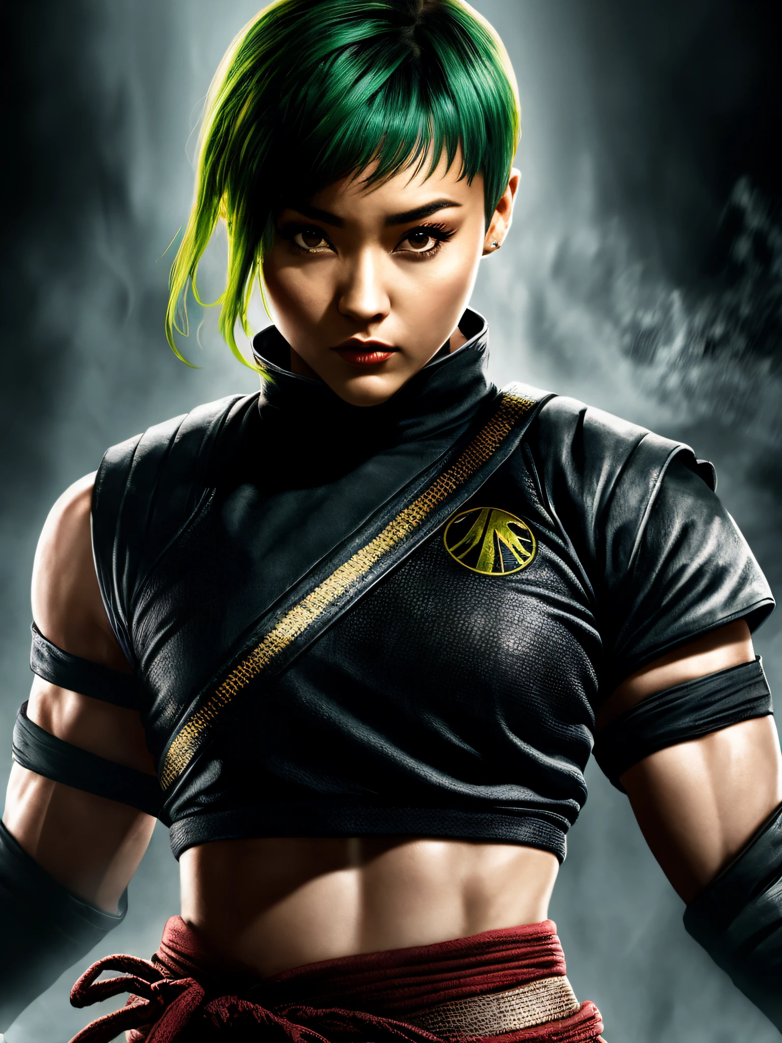 ((Jade inspirada por Mortal Kombat 2)), (inspirada em Tati Gabrielle:1.2), in a fighting scenario with horror movie background, Auto retrato de rosto frontal, posing for camera, foco nítido, soft-lighting, melhor qualidade, 8k UHD, DSLR, grain of film, (fotorrealista:1.2)