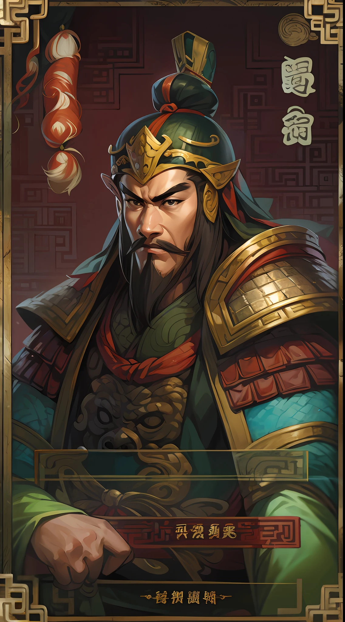 Card design，1male people，Three Kingdoms killing style:1.2，Ancient Chinese background，A meticulous face，Clear face，Full body like，Shogun，Armor，Card background、对称，High picture quality，tmasterpiece，best qualtiy，超高分辨率