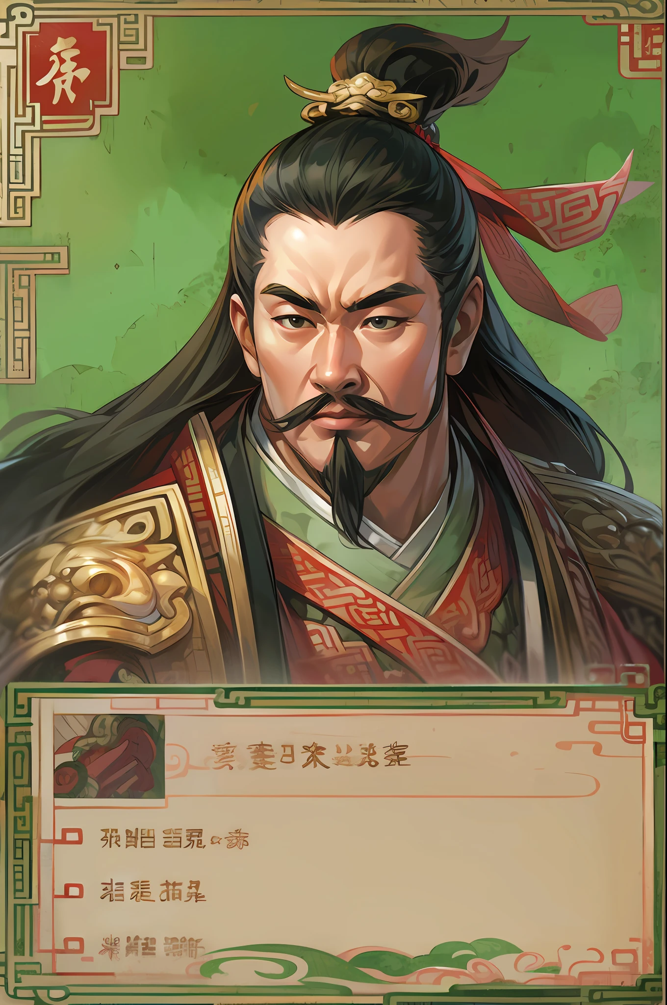 1male people,Three Kingdoms killing style:1.2,Ancient Chinese background,A meticulous face,Clear face,bust,Shogun,Armour,Cards、对称,High picture quality,tmasterpiece,best qualtiy,超高分辨率