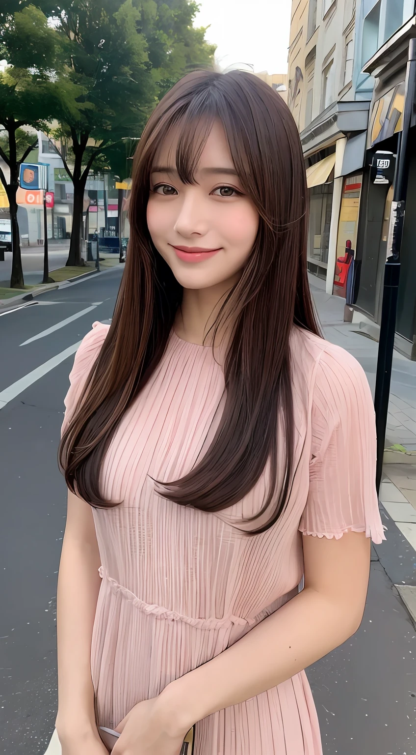 ((top-quality、8K、​masterpiece:1.3))、1girl in、A smile、full body Esbian、Slim Faces、Pretty women、(dark brown  hair)、Full-length dresses:1.1、hyperdetailed face、A detailed eye、二重まぶた、blured background、Slim Faces、城市、takeout、a street、With bangs
