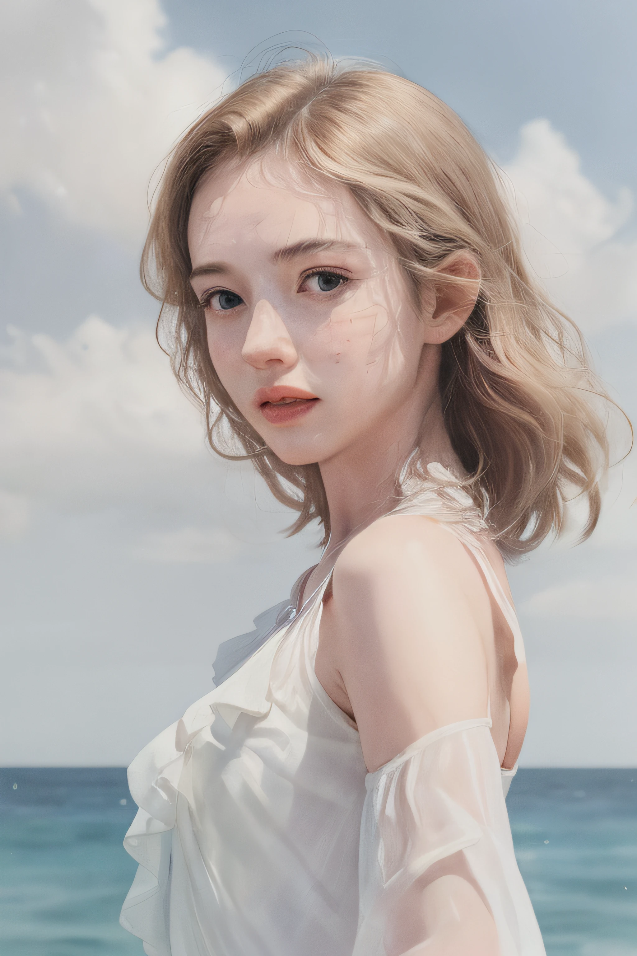 (masterpiece, realistic:1.4), (extremely intricate:1.2)>, close shot ,Marilyn Monroe portrait,(upper body:1.2), (( Detail in Face)), (( detail eyes)), (from front:1.3), 1970's dress, backless dress, (long dress:1.2), very long hair, breasts, bare shoulders, sky, ocean, water, looking at viewer, italian, head tilt, wind, cloud, sunlight, outdoor, 1girl, solo, BREAK, cinematic light, ultra high res, 8k uhd, film grain, perfect anatomy, exquisitely detailed skin, best shadow, delicate, RAW,highres,