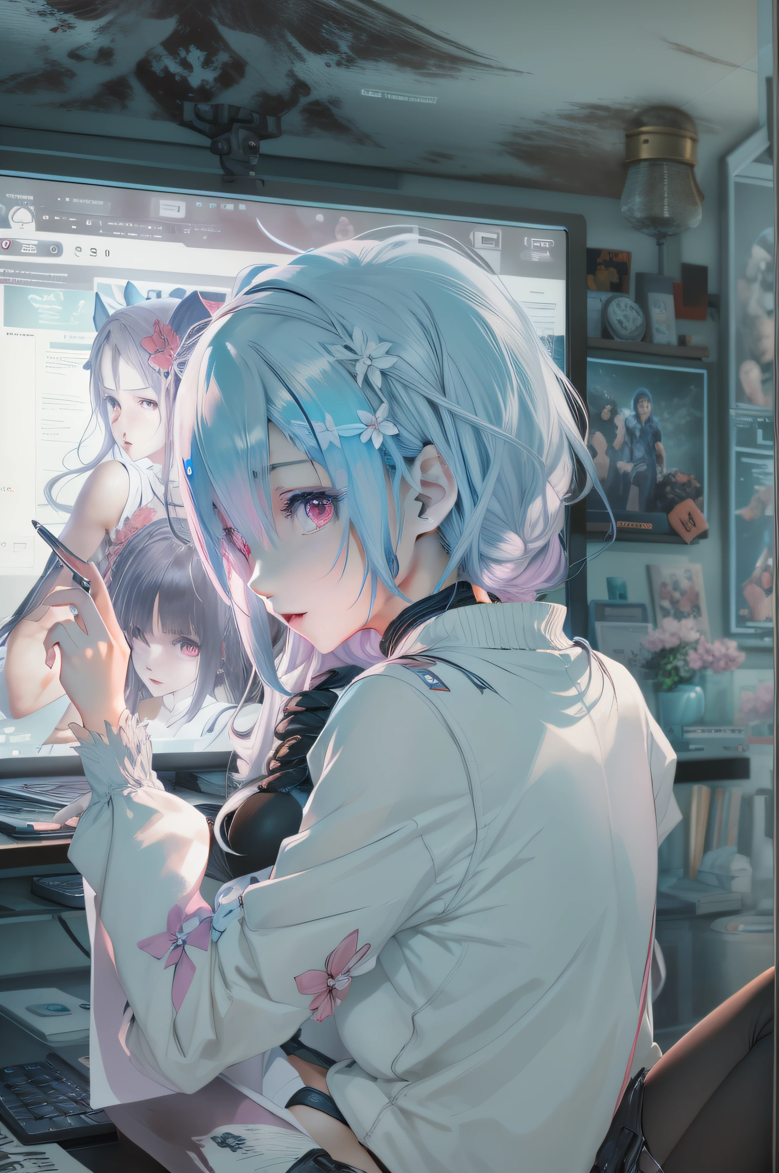 The character Rem from the anime Re Zero playing on the computer in his gamer room