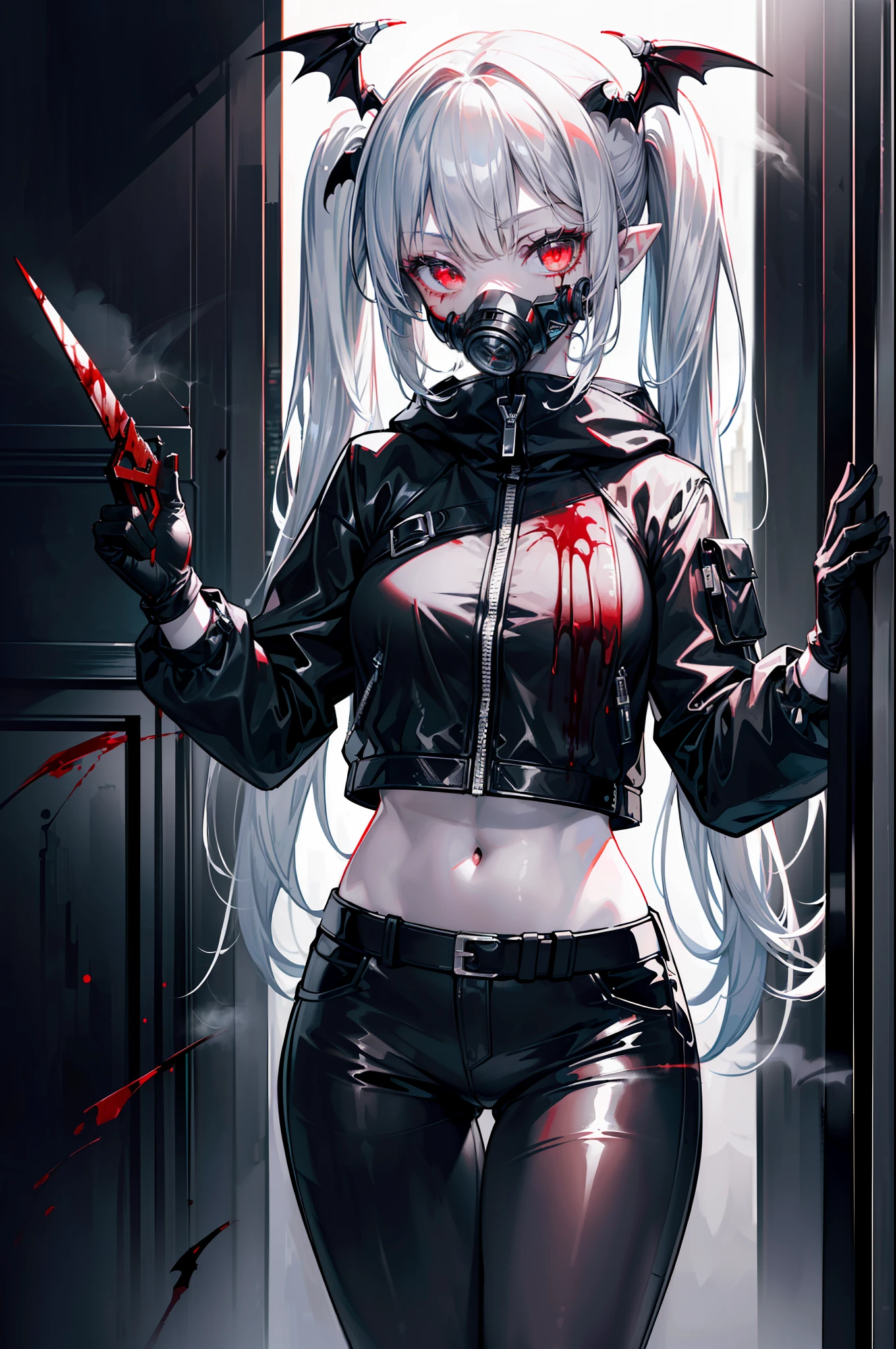 ((masterpiece, best quality, extremely detailed CG, unity 8k wallpaper,anatomically correct,ultra resolution)),Award-winning photography,(best illumination,Very Delicate and Beautiful),(one girl,solo,loli:1.5),(Vampire:1.45),silver hair,(twintails:1.2),(glowing red eyes:1.25),(pale skin:1.45),(extremely beautiful and detailed face:1.2), (extremely beautiful and detailed eyes:1.2),perfect hands,delicate legs,((bat hair ornament)),(cyberpunk style,science fiction),pointy ears,skinny,((black techwear armor, Gas mask,black leather gloves,black tight trousers)),looking at viewermenacing, sharp, (pointing weapon at the viewer:1.2),head tilt,dark persona,evil,(cute:1.5),((night, dark atmosphere, dark theme, darkness:1.5)),dramatic shadows,(dimly lit:1.5),blood on face,blood on floor, blood on walls,(blood mist,blood splash:1.4),depth of field,(cityscape:1.3),neon lights,skyscrapers,(perfect human body structure with maximum precision)
