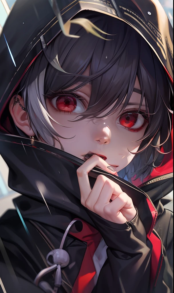 kk, best quality, more details, mastery, 1boy, kaneki ken, portrait, male focus, red eyes, solo, bangs, looking at viewer, hood, short hair, rain, tokyo tokyo \(city\), hijabi sluty,Nail polishing,whaite hair,Luxury,8k,the detail,Ray traching,depth of fields,电影灯光,