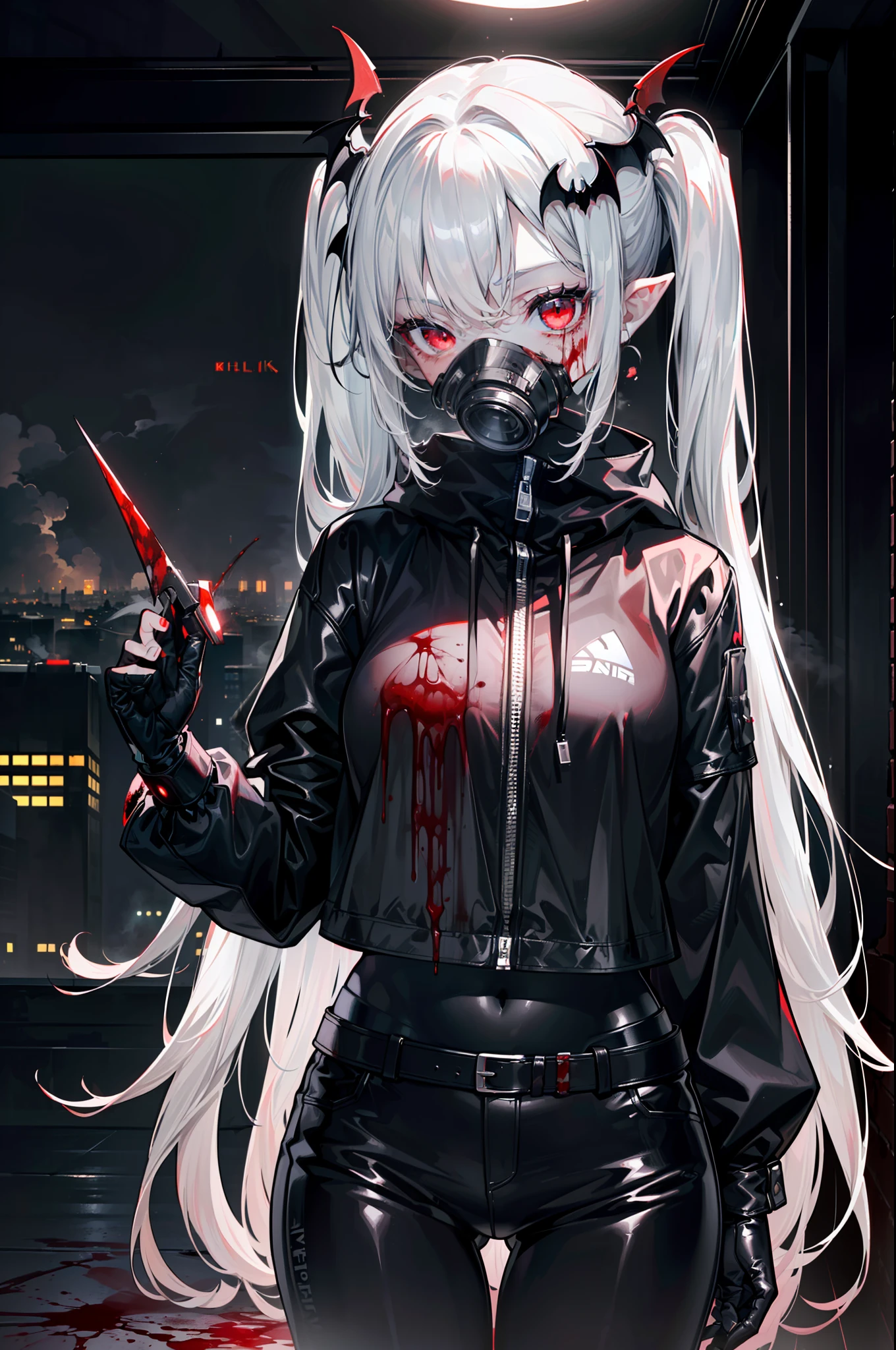 ((masterpiece, best quality, extremely detailed CG, unity 8k wallpaper,anatomically correct,ultra resolution)),Award-winning photography,(best illumination,Very Delicate and Beautiful),(one girl,solo,:1.5),(Vampire:1.45),silver hair,(twintails:1.2),(glowing red eyes:1.25),(pale skin:1.45),(extremely beautiful and detailed face:1.2), (extremely beautiful and detailed eyes:1.2),perfect hands,delicate legs,((bat hair ornament)),(cyberpunk style,science fiction),pointy ears,skinny,((black techwear armor, Gas mask,black leather gloves,black tight trousers)),looking at viewermenacing, sharp, (pointing weapon at the viewer:1.2),head tilt,dark persona,evil,(cute:1.5),((night, dark atmosphere, dark theme, darkness:1.5)),dramatic shadows,(dimly lit:1.5),blood on face,blood on floor, blood on walls,(blood mist,blood splash:1.4),depth of field,(cityscape:1.3),neon lights,skyscrapers,(perfect human body structure with maximum precision)
