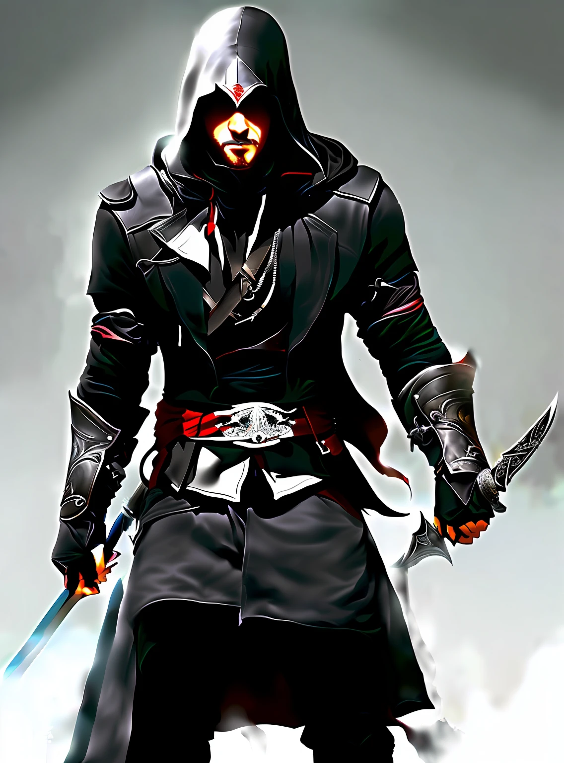 An image of a man in a black cloak holding two swords, assassins, Assasin, an edgy assassin, assassins, assassins creed, wearing leather assassin armor, assassins creed, The omnipotent assassin, assassins, ominous assassin, corvo attano, swordsman, video game character art, mtu, With a sword