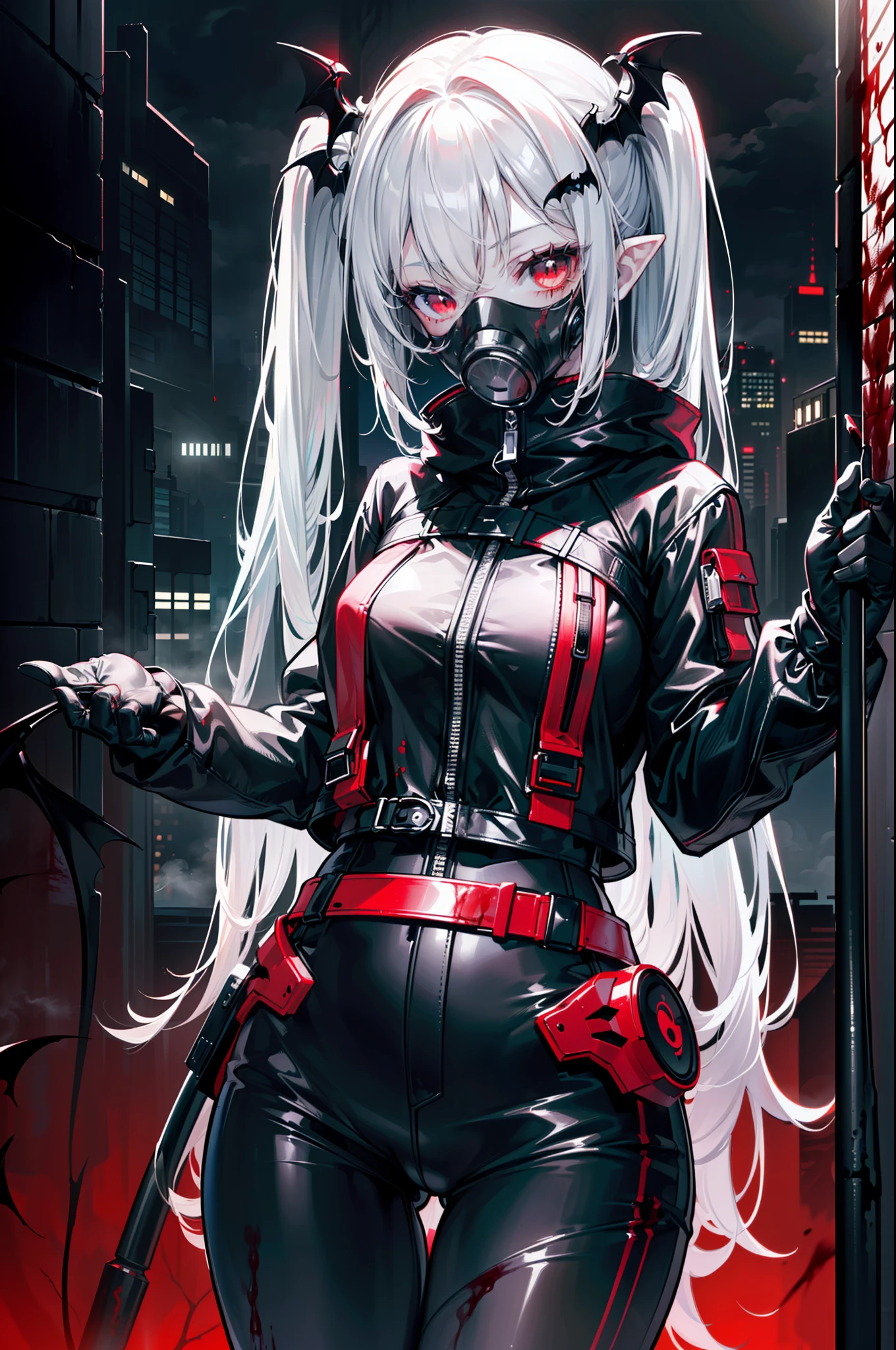 ((masterpiece, best quality, extremely detailed CG, unity 8k wallpaper,anatomically correct,ultra resolution)),Award-winning photography,(best illumination,Very Delicate and Beautiful),(one girl,solo,li:1.5),(Vampire:1.45),silver hair,(twintails:1.2),(glowing red eyes:1.25),(pale skin:1.45),(extremely beautiful and detailed face:1.2), (extremely beautiful and detailed eyes:1.2),perfect hands,delicate legs,((bat hair ornament)),(cyberpunk style,science fiction),pointy ears,skinny,((black techwear armor, Gas mask,black leather gloves,black tight trousers)),looking at viewermenacing, sharp, (pointing weapon at the viewer:1.2),head tilt,dark persona,evil,(cute:1.5),((night, dark atmosphere, dark theme, darkness:1.5)),dramatic shadows,(dimly lit:1.5),blood on face,blood on floor, blood on walls,(blood mist,blood splash:1.4),depth of field,(cityscape:1.3),neon lights,skyscrapers,(perfect human body structure with maximum precision)