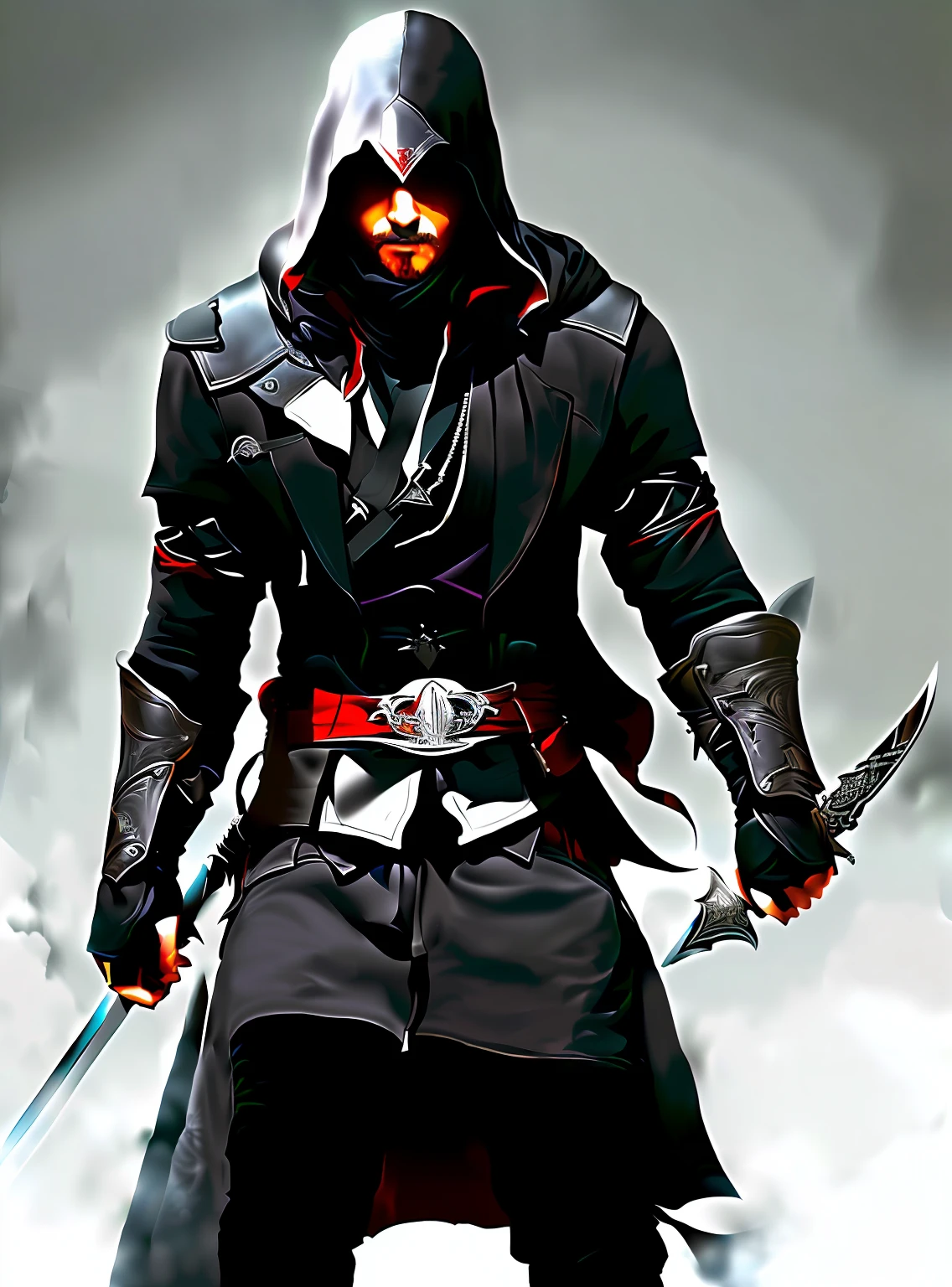 An image of a man in a black cloak holding two swords, assassins, Assasin, an edgy teen assassin, assassins, assassins creed, wearing leather assassin armor, assassins creed, The omnipotent assassin, assassins, ominous assassin, corvo attano, swordsman, video game character art, mtu， With a sword