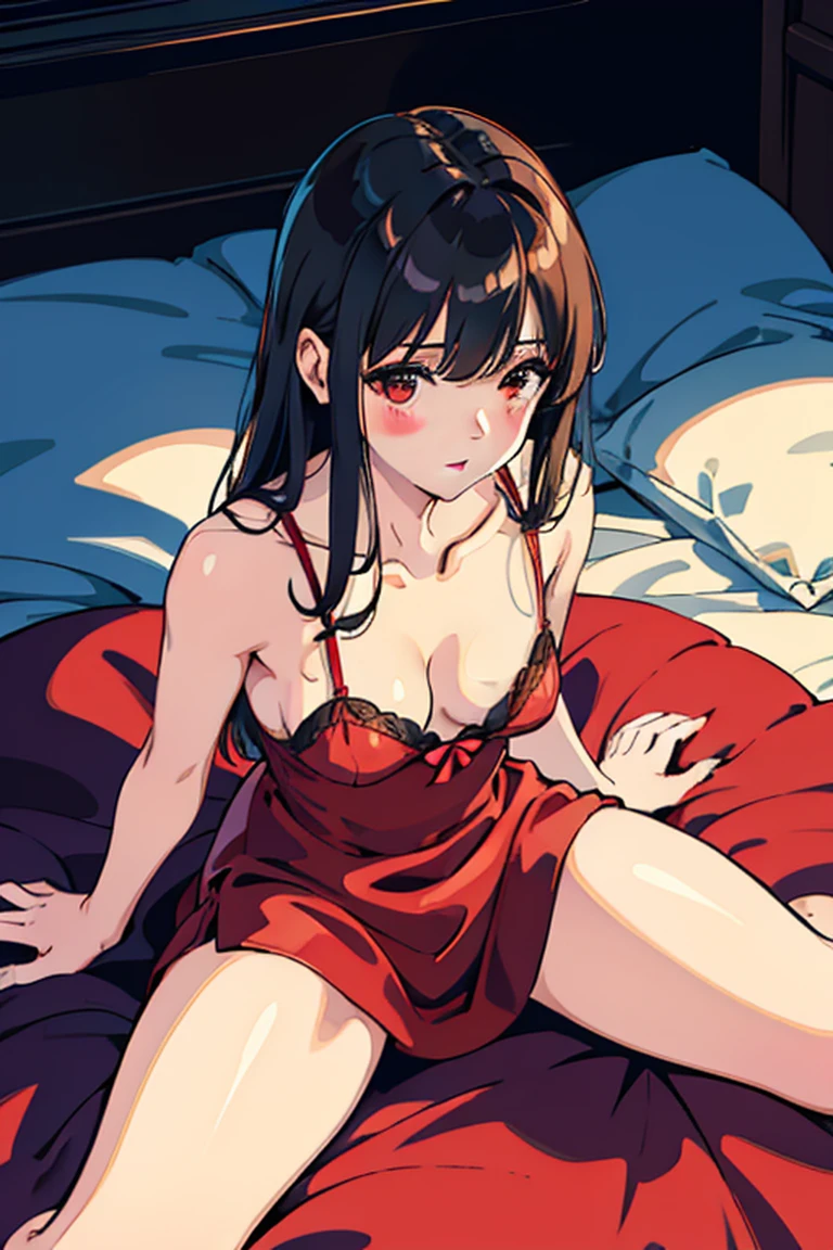 Amazing, 最好质量 , Ultra-detailed, A high resolution, Extremely detailed,Best quality ,Masterpiece, illustration, An extremely delicate and beautiful, Extremely detailed ,CG ,8K wallpaper, Amazing, finedetail, Masterpiece,Best quality,offcial art,,closeup cleavage,volumettic light,Mood lighting,((the night)),Dark,𝓡𝓸𝓶𝓪𝓷𝓽𝓲𝓬,True light source,1girll,thighs focus,brunette color hair,((Red silk nightdress)),sit on a bed,Red silk futon,smallunderboob,Spread your legs on the M-line,Bare legs,