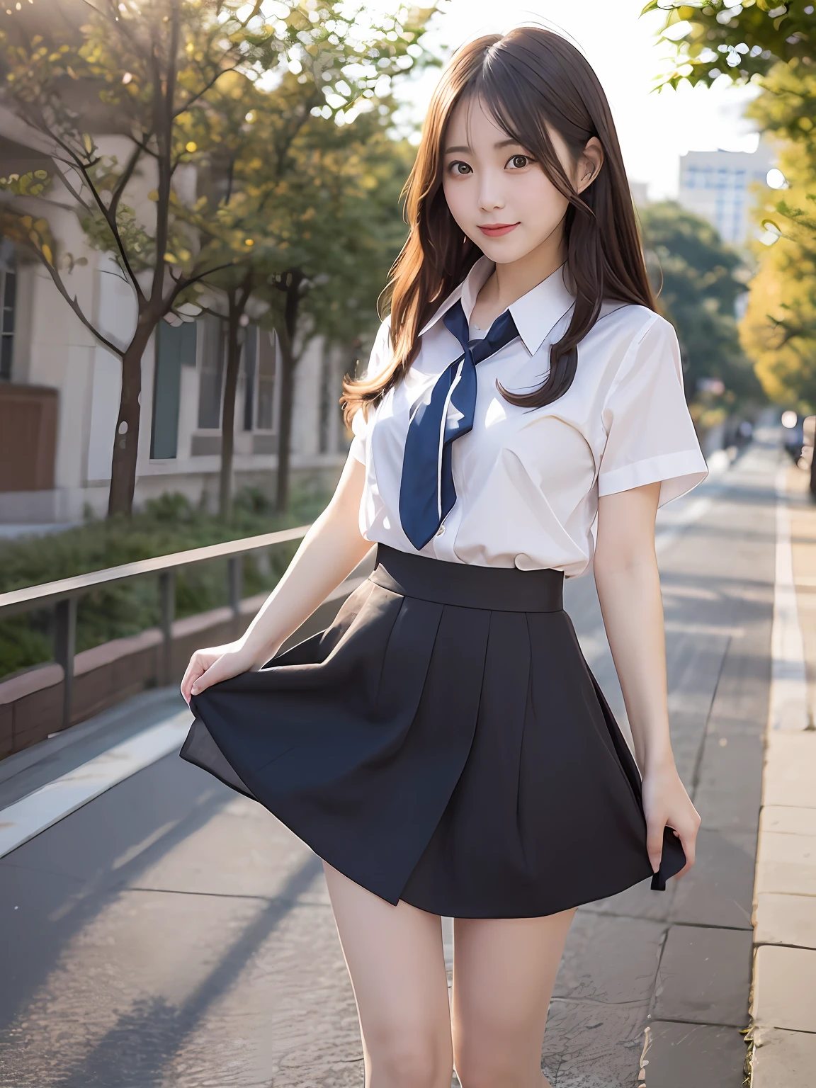 tmasterpiece,top-quality,offcial art,Highly detailed CG Unity 8K wallpapers,Like schoolgirls,very delicate beautiful,超高分辨率,(realisticlying:1.4),Golden hour lighting,(The upper part of the body),(Platinum shorthair:0.8),(puffy eye),looking at viewert,facingfront,ssmile,JK skirt,a blue dress,Shirt boosts long black hair