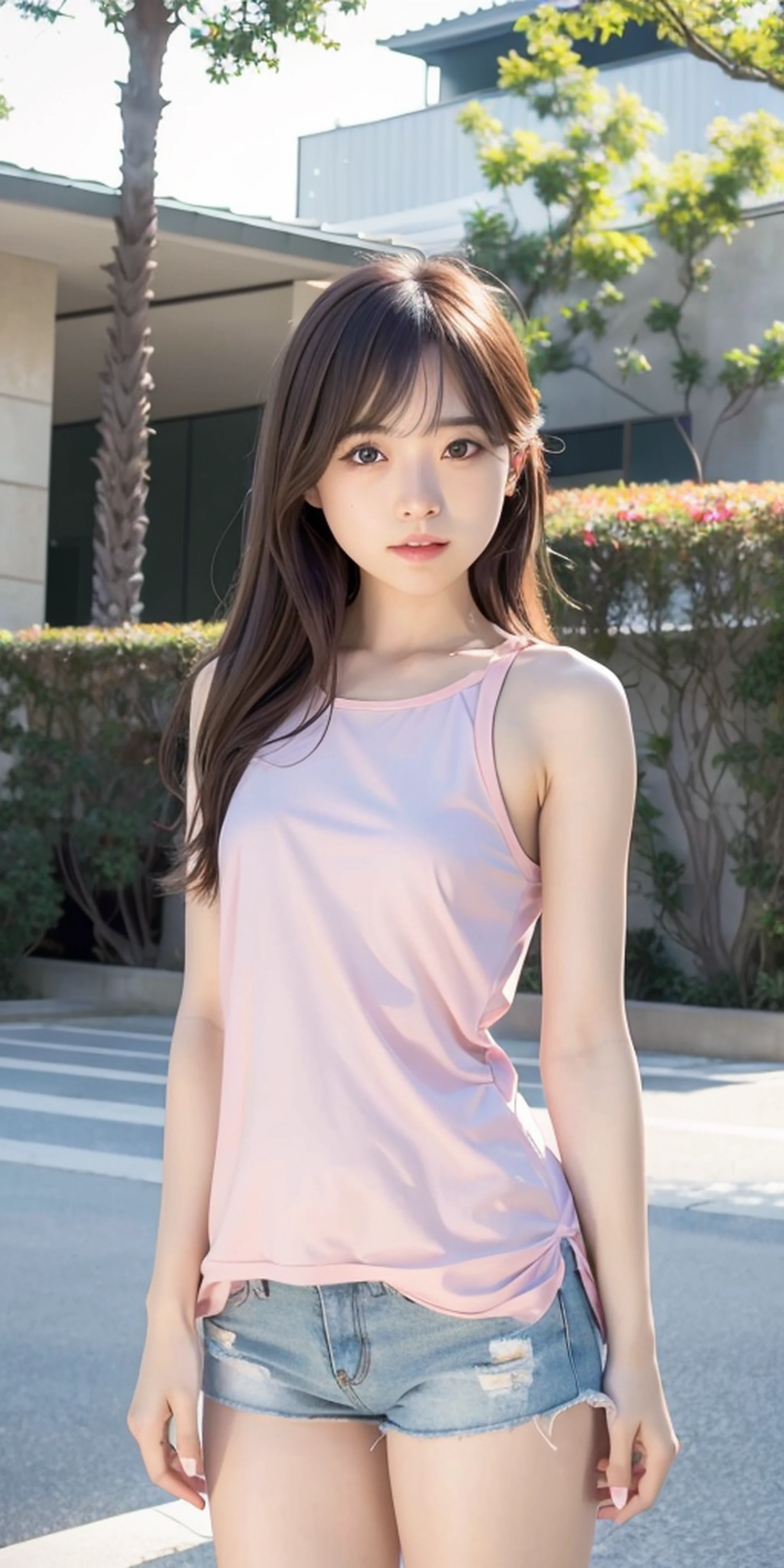 Solo, long_hair, Nanase Nishino, Haruka Kaki, Summer, Fountain, Tank Top, Shorts, (8K, RAW Photography, Best Quality, Masterpiece:1.2), (Realistic, Photorealistic:1.37), Professional Lighting, Photon Mapping, Radiosity, Physically Based Rendering