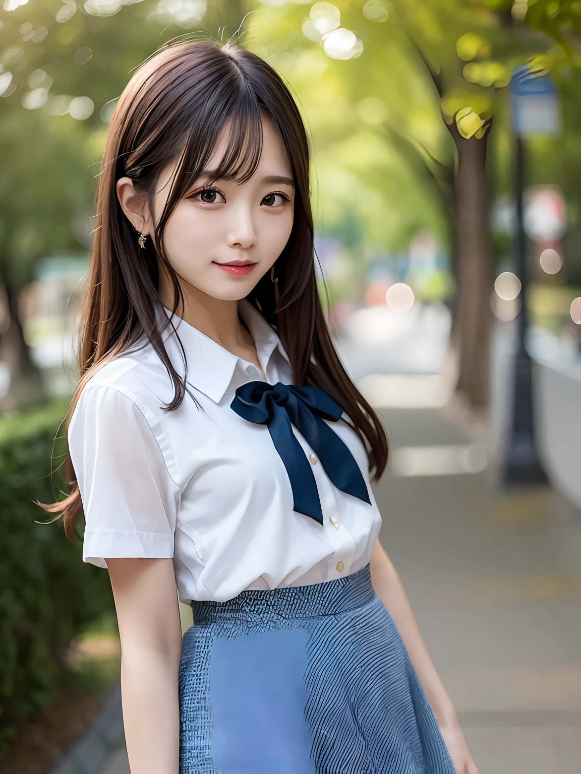 Arafed asian woman in a blue skirt and white shirt - SeaArt AI