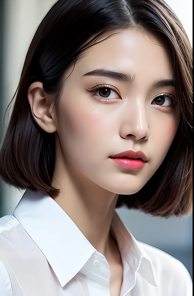 ((Best Quality, 8K, Masterpiece: 1.3)), Sharp: 1.2, Perfect Body Beauty: 1.4, Slim Abs: 1.2, ((Layered Hairstyle, Big Breasts: 1.2)), (Wet White Button Long Shirt: 1.1), (Rain, Street: 1.2), Wet: 1.5, Highly detailed face and skin texture, detailed eyes, double eyelids, side face looking at the camera