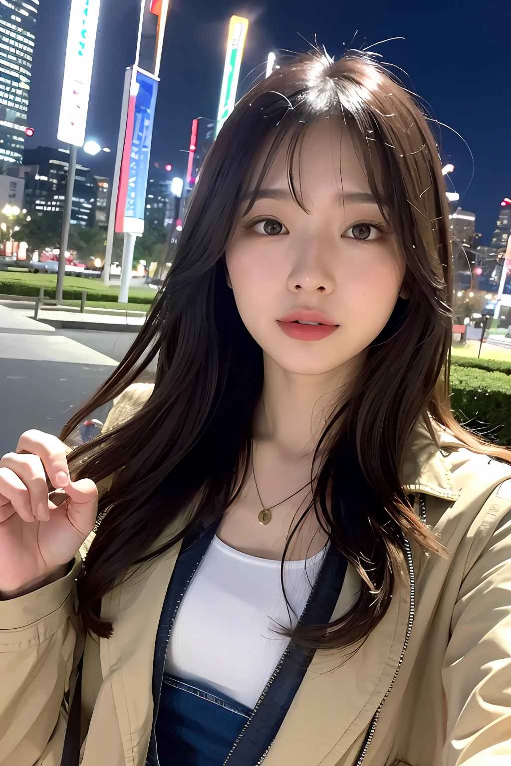 (Highly detailed body,Highly detailed face,Best quality at best:1.2) ,A woman who is,looki at viewer,White suspenders,(Night city park in the background:1.4),( (8K:1.27), Best quality at best, tmasterpiece, 超高分辨率:1.2) Photo of beautiful asian woman,(mediuml breasts:1.0), (middle areolae:0.8), (realisticlying:1.4), (Best picture quality:1.0), (超高分辨率:1.0),(No hands:1.3), food, Jacket
