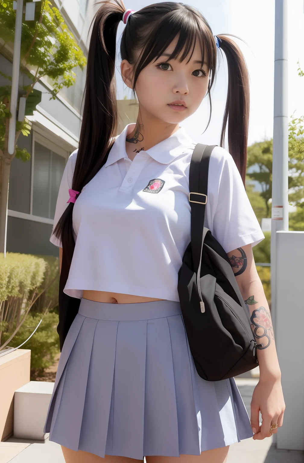 There is a woman with a tattoo on the belly and a backpack, a hyperrealistic schoolgirl, a hyperrealistic schoolgirl, of taiwanese girl with tattoos, wearing japanese school uniform, School Girl, Japan school uniform, Anime girl cosplay, Cute Schoolgirl, real life anime girl, Realistic Schoolgirl, japanese girl school uniform, Blonde with pigtails