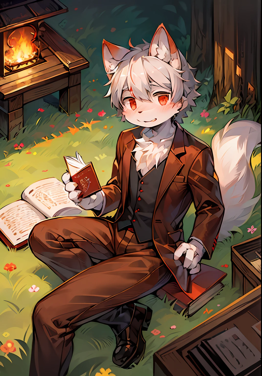 ,masterpiece,high quality,abstract res,digital painting\(artwork\), by dagasi, yupa,kiyosan,(anthro,fluffy fur,character focus:1.1),anthro male cat,short hair,portrait , eyes with brightness, in a panoramic view, Character focus.(detailedbackground:0.7), 独奏, shaggy, shaggy male, malefocus, anthr,(Full Body Furry, Fluffy tail, White fur, red color eyes, Gray hair:1.2), (long canines、Brown suit:1.2),(external,lawns,sitted,looking at book)