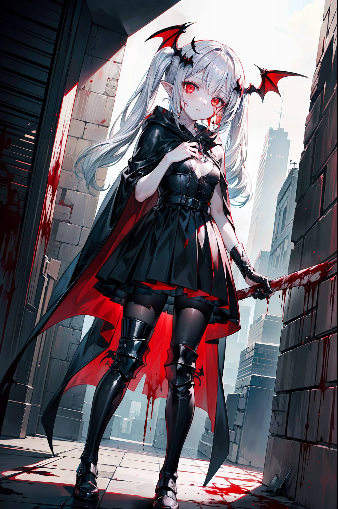 ((masterpiece, best quality, extremely detailed CG, unity 8k wallpaper,anatomically correct,ultra resolution)),Award-winning photography,(best illumination,Very Delicate and Beautiful),(one girl,solo,:1.5),(Vampire:1.45),silver hair,(twintails:1.2),(glowing red eyes:1.25),(pale skin:1.45),(extremely beautiful and detailed face:1.2), (extremely beautiful and detailed eyes:1.2),perfect hands,delicate legs,((bat hair ornament)),(gothic style,death atmosphere),pointy ears,skinny,((black leather mask face:1.5, black chest armor and elbow armor, skirt:1.2, black inner clothes, knee pads, stockings, hooded black cloak)),looking at viewer,menacing, sharp, (grim-reaper-girl swinging a purple bright digital runes chaos curse magic-scythe),head tilt,dark persona,evil,(cute:1.5),((night, dark atmosphere, dark theme, darkness:1.5,dynamic angle)),dramatic shadows,(dimly lit:1.5),blood on face,blood on floor, blood on walls,(blood mist,blood splash:1.4),depth of field,(cityscape:1.3),neon lights,skyscrapers,(perfect human body structure with maximum precision)