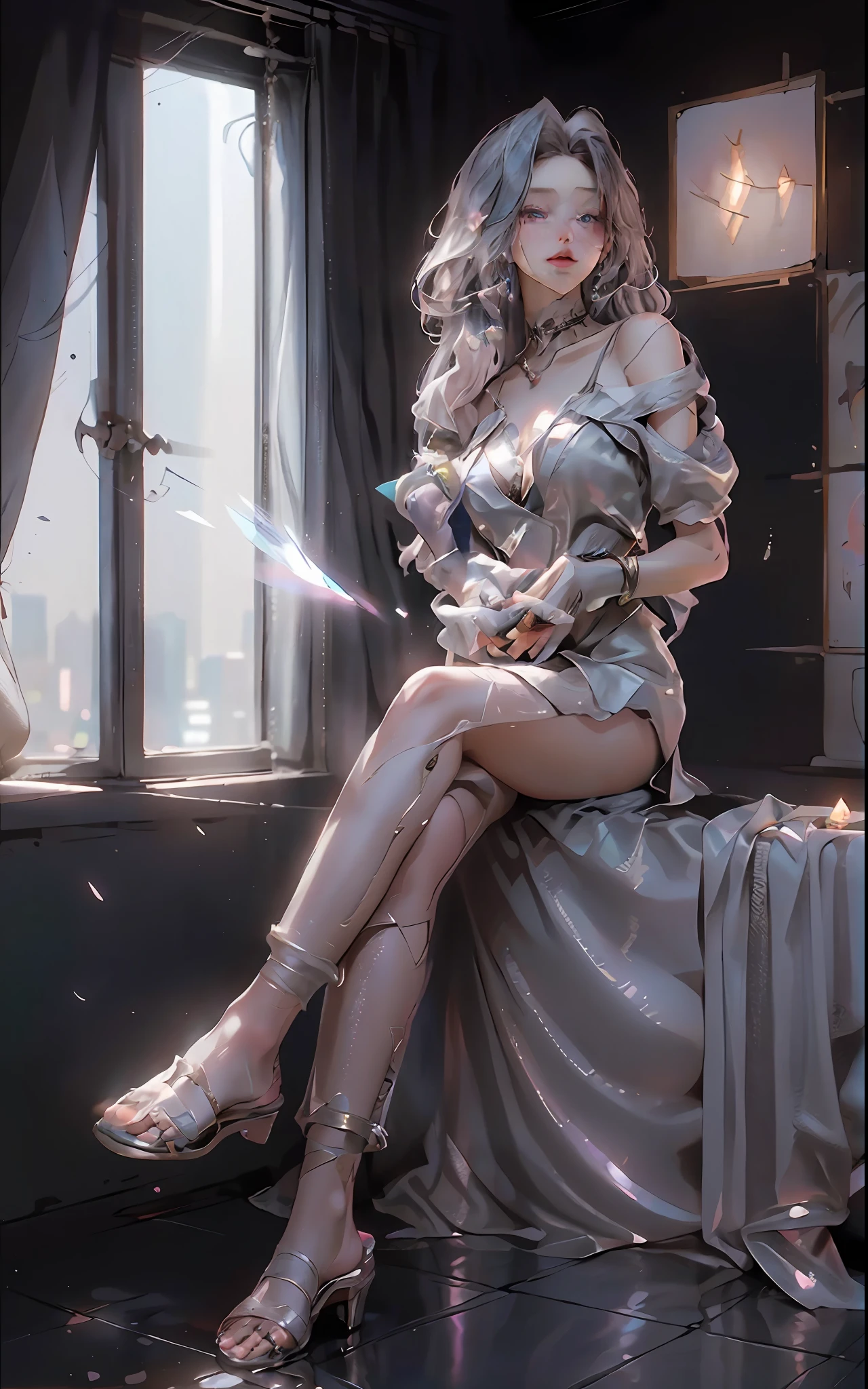 mix4, (8k, RAW photos, best qualtiy, tmasterpiece: 1.45), (realisticlying, realisticlying: 1.37), one-girl, adolable, view over city, natta, Sateen, dampness, profesional lighting, photon maping, Radio City, physically-based renderingt, gradient brunette hair, greyt hair, short and wavy hair, handsome, Kizi, Lace((Deep V neckline)))Slip dress, High quality photos, A high resolution, 1080p, (Clear face), (Detailed face description), (Detailed hand description), (tmasterpiece), (Delicate CG),extreme light and shadows,messy hair,tmasterpiece,rich details,(finely detailed facial features),(a photograph of highest quality),(tmasterpiece),(Detailed eyes),Look before your eyes,Fine collarbones,((,huge areolas)),(areola_slip))),((Puffy areola)),((Side Chest)),(underboobs),(collars))),耳Nipple Ring,,(NSFW:1.2),exquisite facial features,s the perfect face,Perfect um-legs,Perfect chest,Beautiful 30-year-old woman,Futuristic ,Sexy woman in cyberpunk