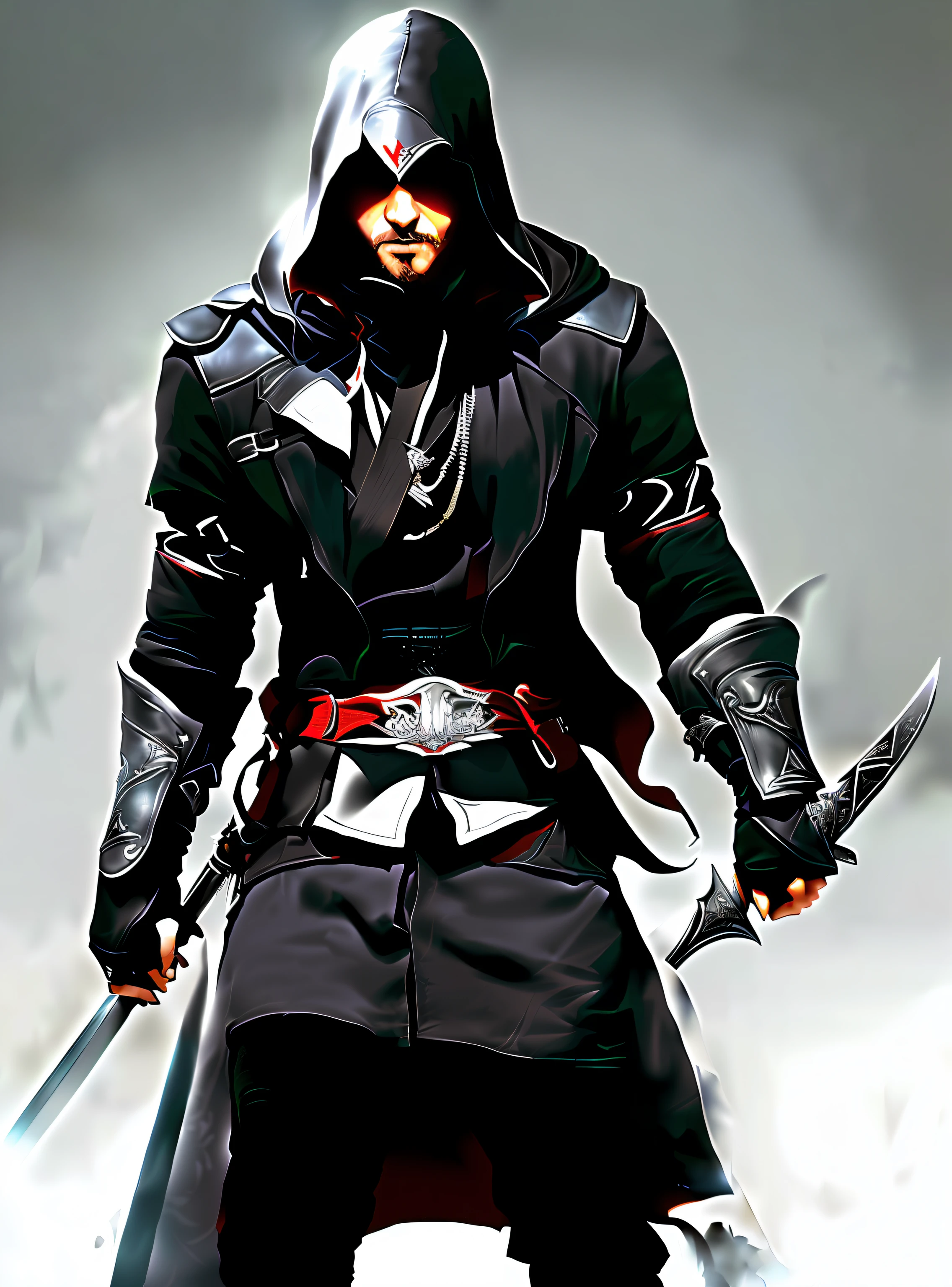 An image of a man in a black cloak holding two swords, assassins, Assasin, an edgy teen assassin, assassins, assassins creed, wearing leather assassin armor, assassins creed, The omnipotent assassin, assassins, ominous assassin, corvo attano, swordsman, video game character art, mtu， With a sword