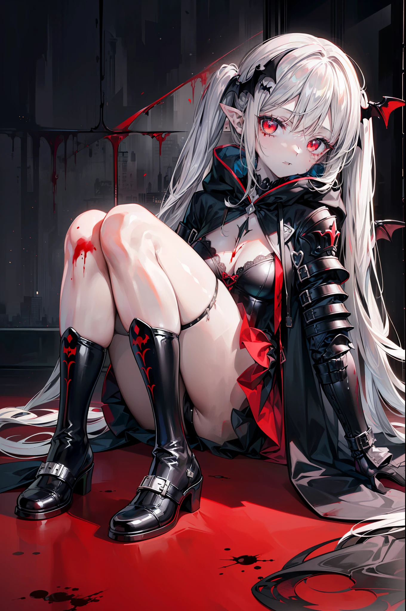 ((masterpiece, best quality, extremely detailed CG, unity 8k wallpaper,anatomically correct,ultra resolution)),Award-winning photography,(best illumination,Very Delicate and Beautiful),(one girl,solo,:1.5),(Vampire:1.45),silver hair,(twintails:1.2),(glowing red eyes:1.25),(pale skin:1.45),(extremely beautiful and detailed face:1.2), (extremely beautiful and detailed eyes:1.2),perfect hands,delicate legs,((bat hair ornament)),(gothic style,death atmosphere),pointy ears,skinny,((black leather mask face:1.5, black chest armor and elbow armor, skirt:1.2, black inner clothes, knee pads, stockings, hooded black cloak)),looking at viewer,menacing, sharp, (grim-reaper-girl swinging a purple bright digital runes chaos curse magic-scythe),head tilt,dark persona,evil,(cute:1.5),((night, dark atmosphere, dark theme, darkness:1.5,dynamic angle)),dramatic shadows,(dimly lit:1.5),blood on face,blood on floor, blood on walls,(blood mist,blood splash:1.4),depth of field,(cityscape:1.3),neon lights,skyscrapers,(perfect human body structure with maximum precision)