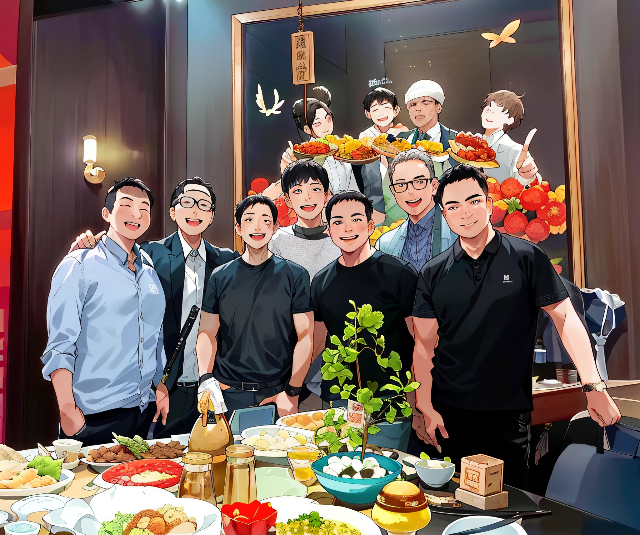 Several men pose for photos in front of a table full of food, Group photo, From left, photograph taken in 2 0 2 0, tang mo, High picture quality, high-quality picture, Ancient sword, yiqiang and shurakrgt, 🤬 🤮 💕 🎀, 2 0 2 2 photo, unknown artist, chinese artist, from china